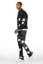 Starlane Jet Black Denim Jacket/Stacked Flare Jean Set