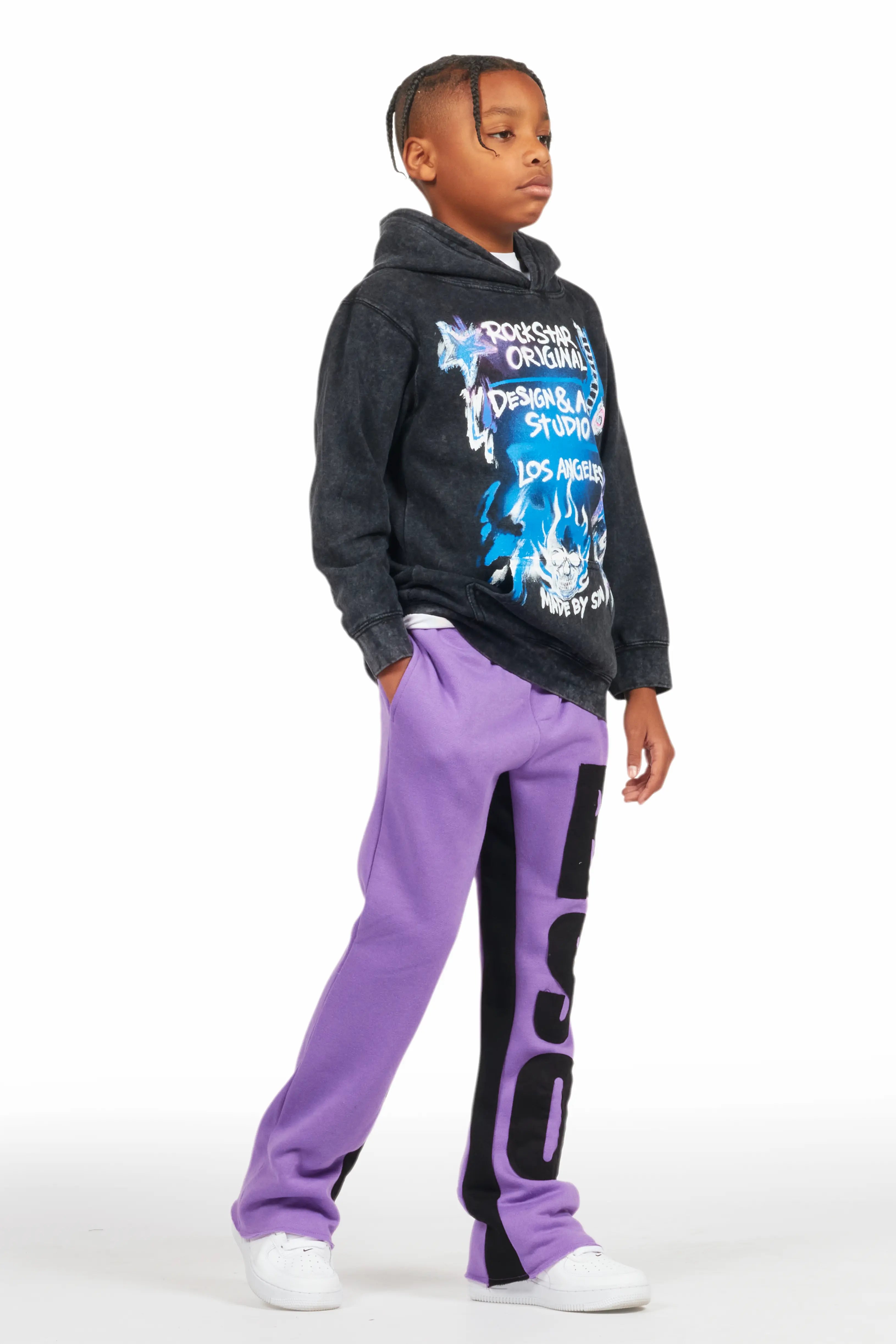 Boys Uko Purple Stacked Baggy Flare Pant