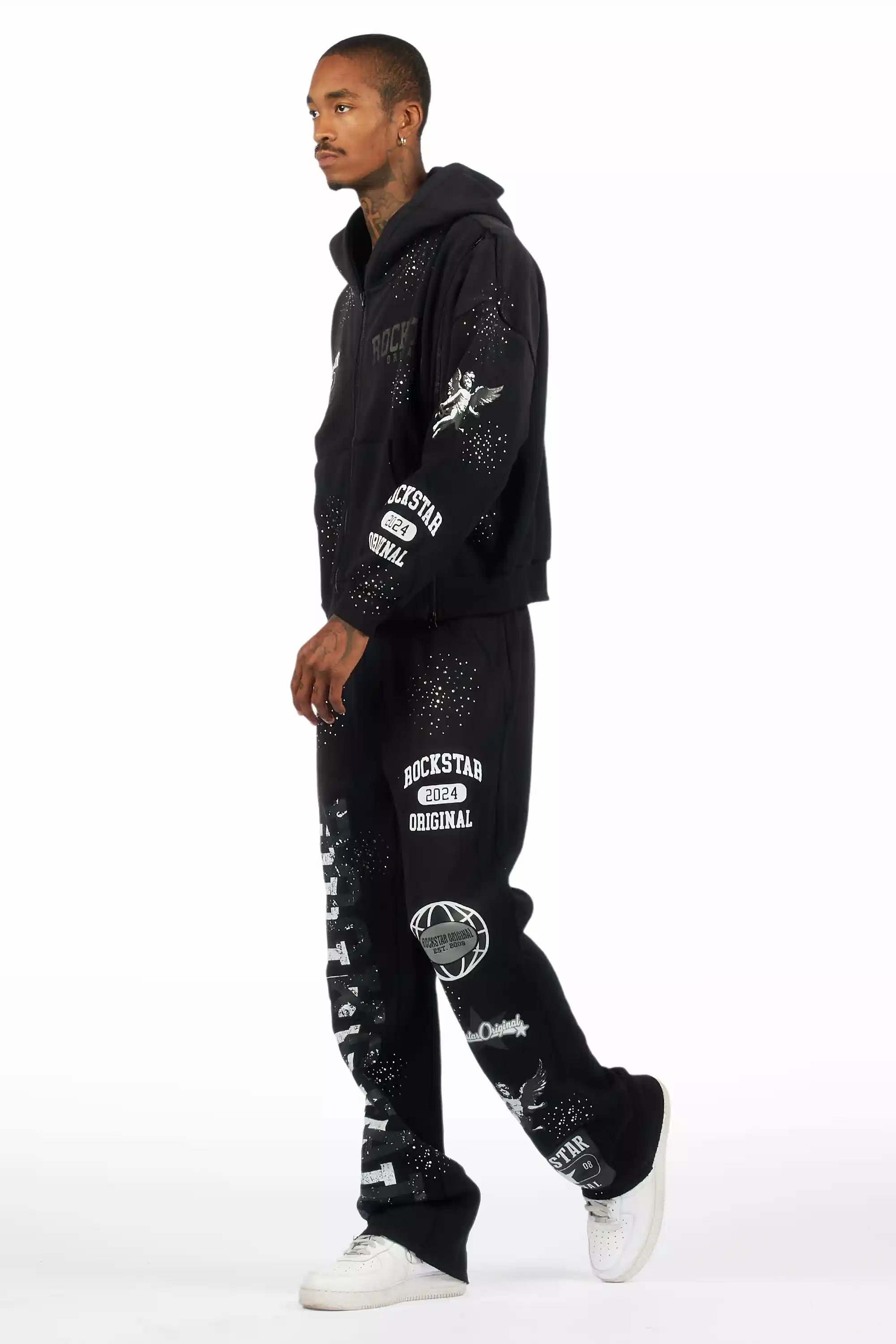 Gutta Black Rhinestone Hoodie Relaxed Track Set