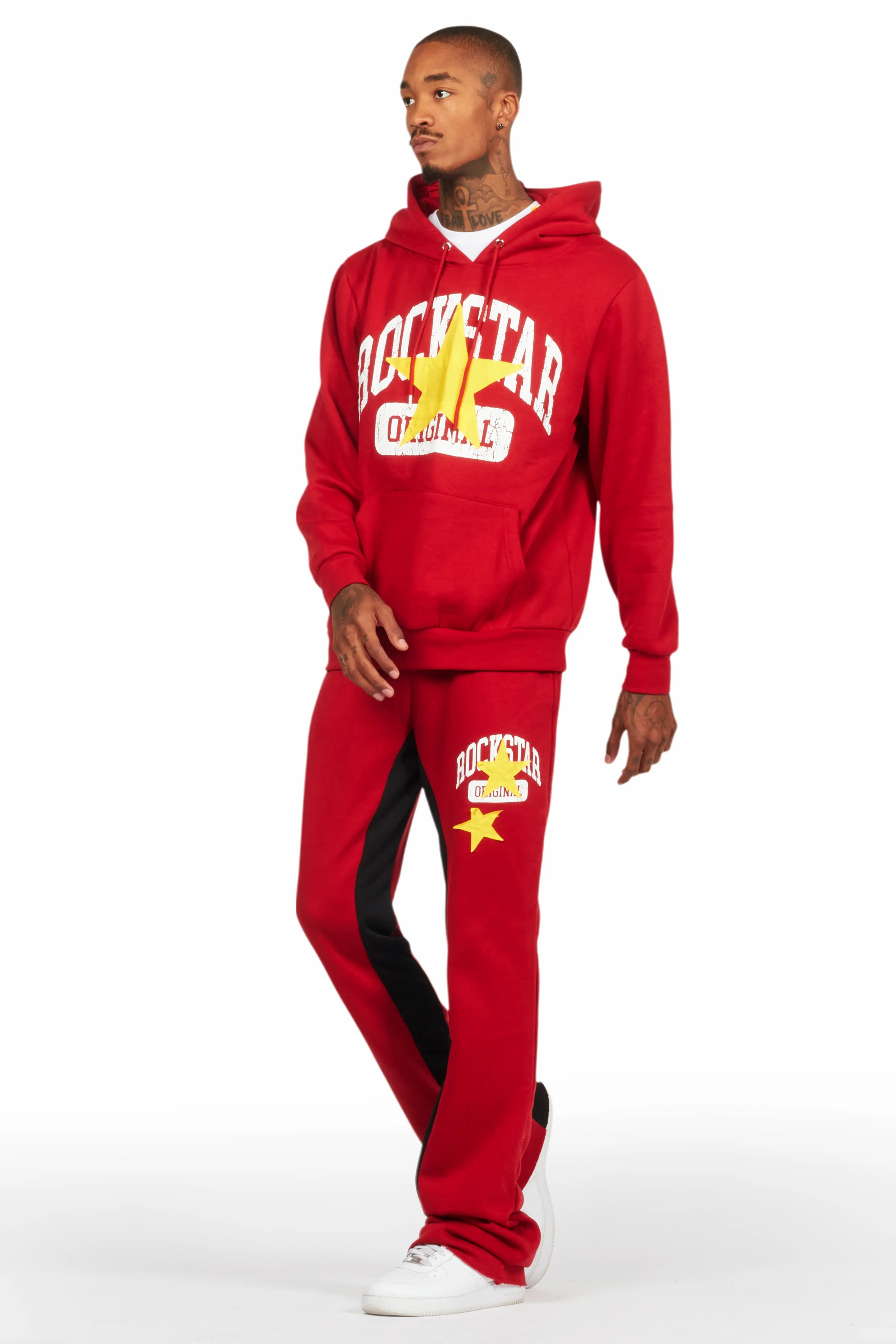 Mallor Burgundy Baggy Stacked Hoodie Track Set