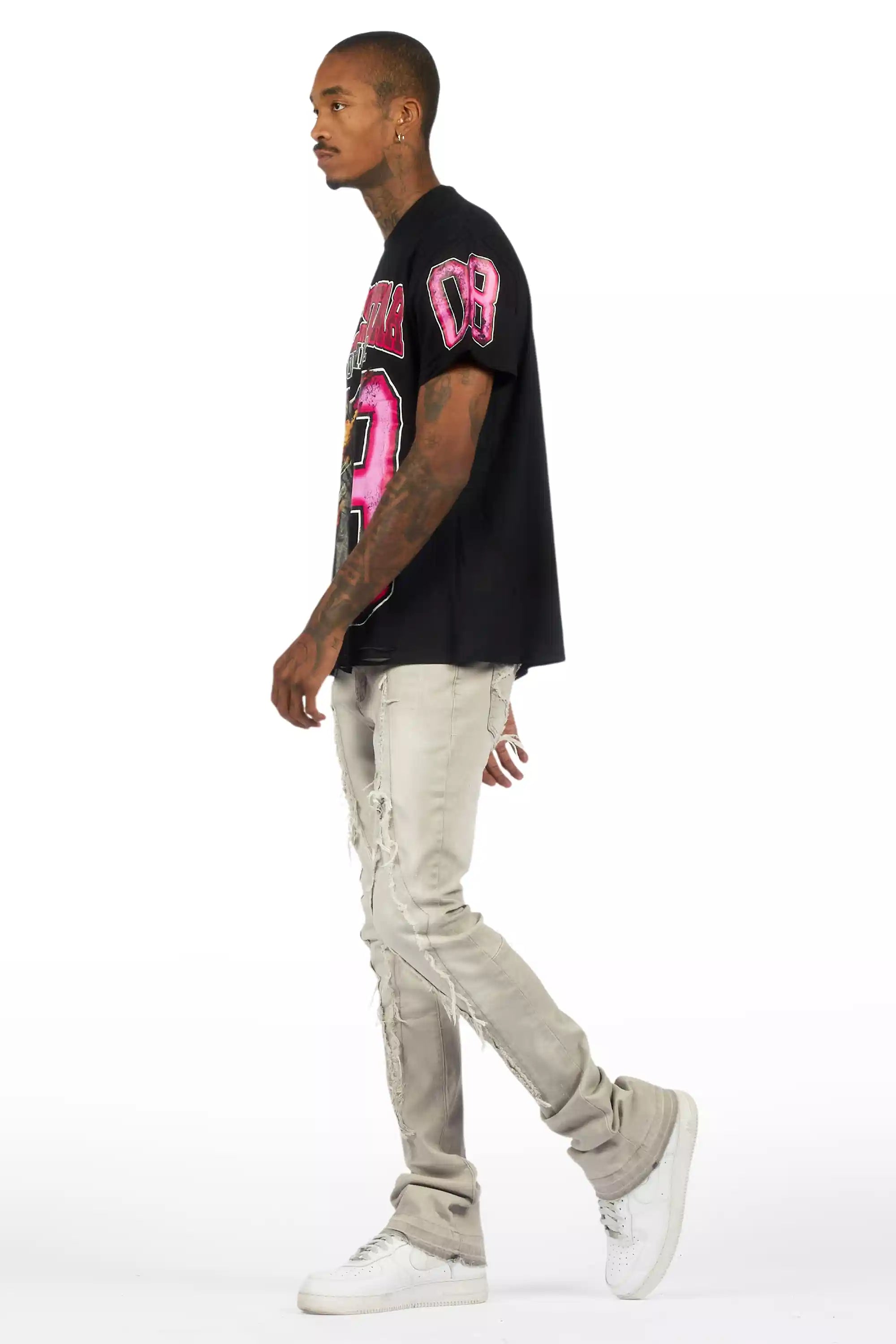 Fields Black Oversized Graphic T-Shirt/Painted Stacked Flare Jean