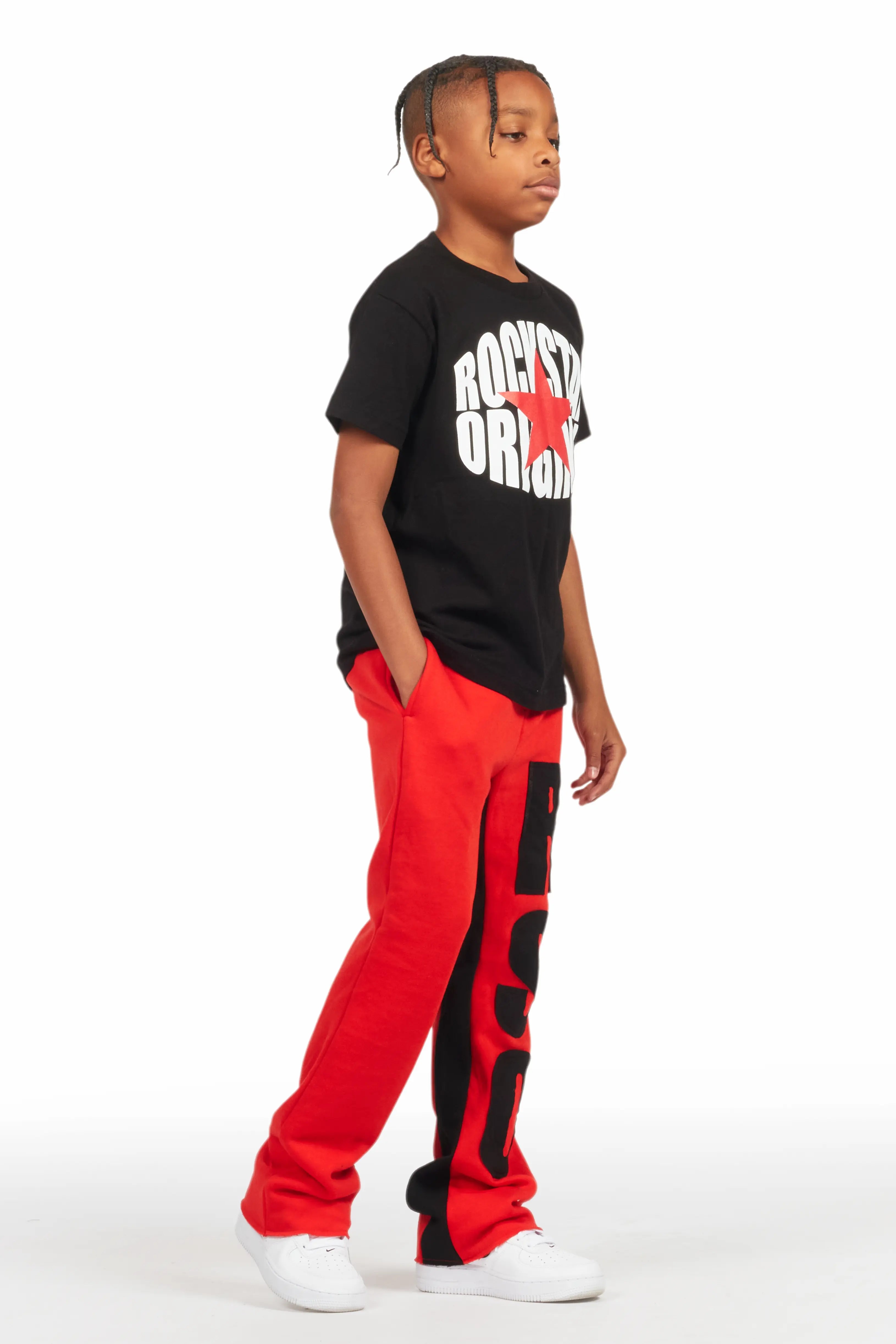 Boys Uko Red Stacked Baggy Flare Pant