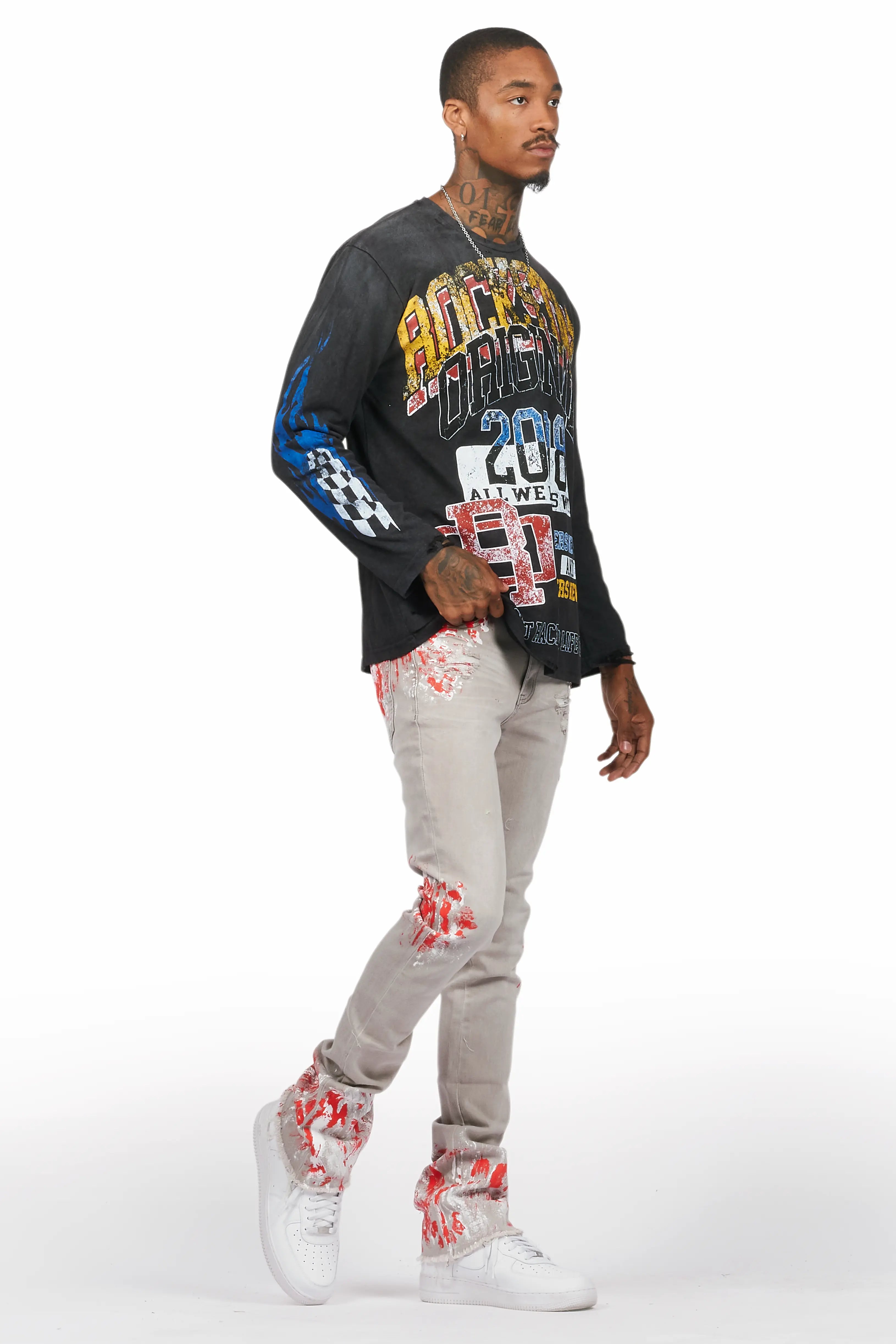 Kodak Grey/Red Painter Stacked Flare Jean