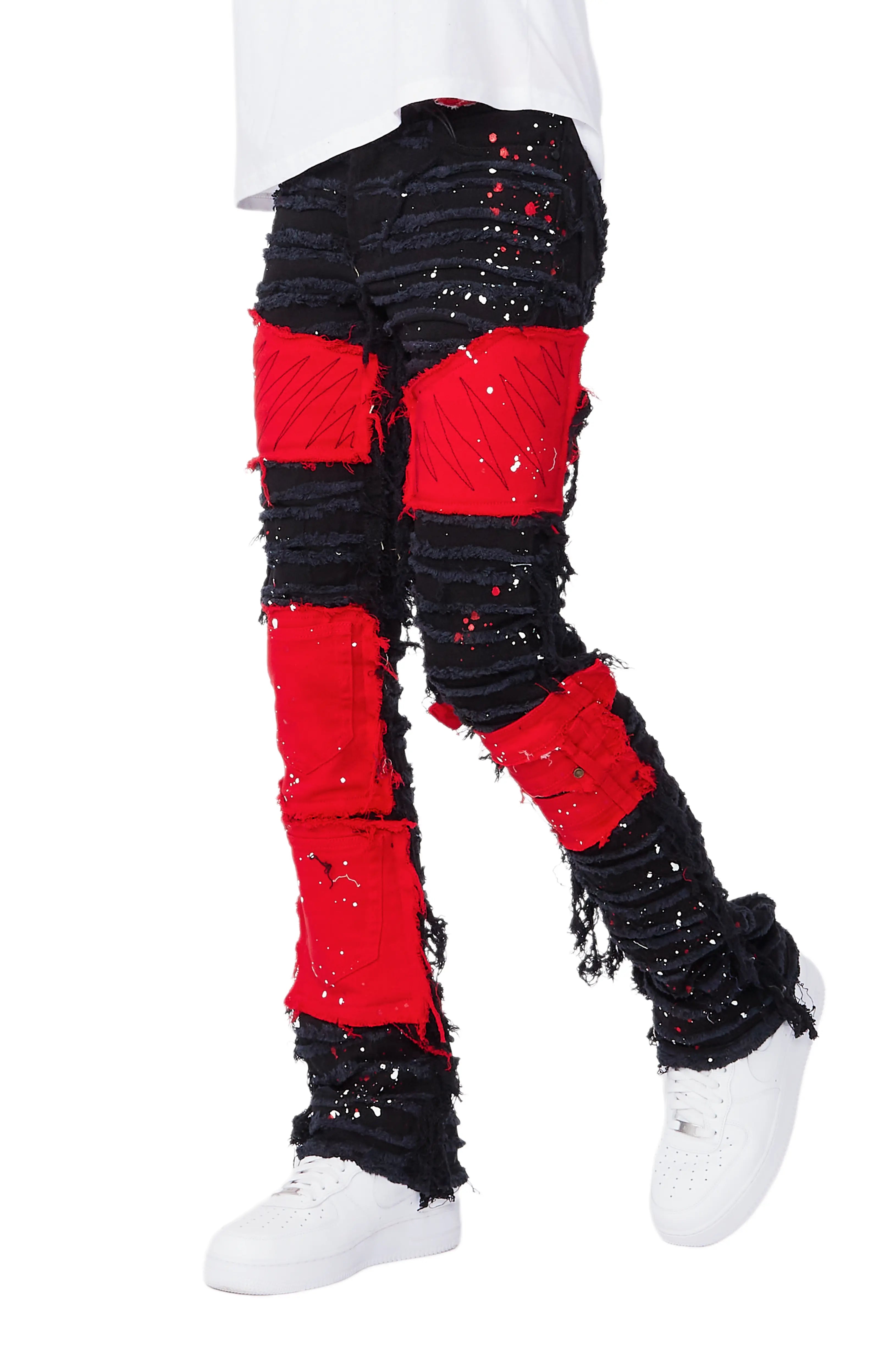 Vadim Black/Red Patchwork Stacked Flare Jean