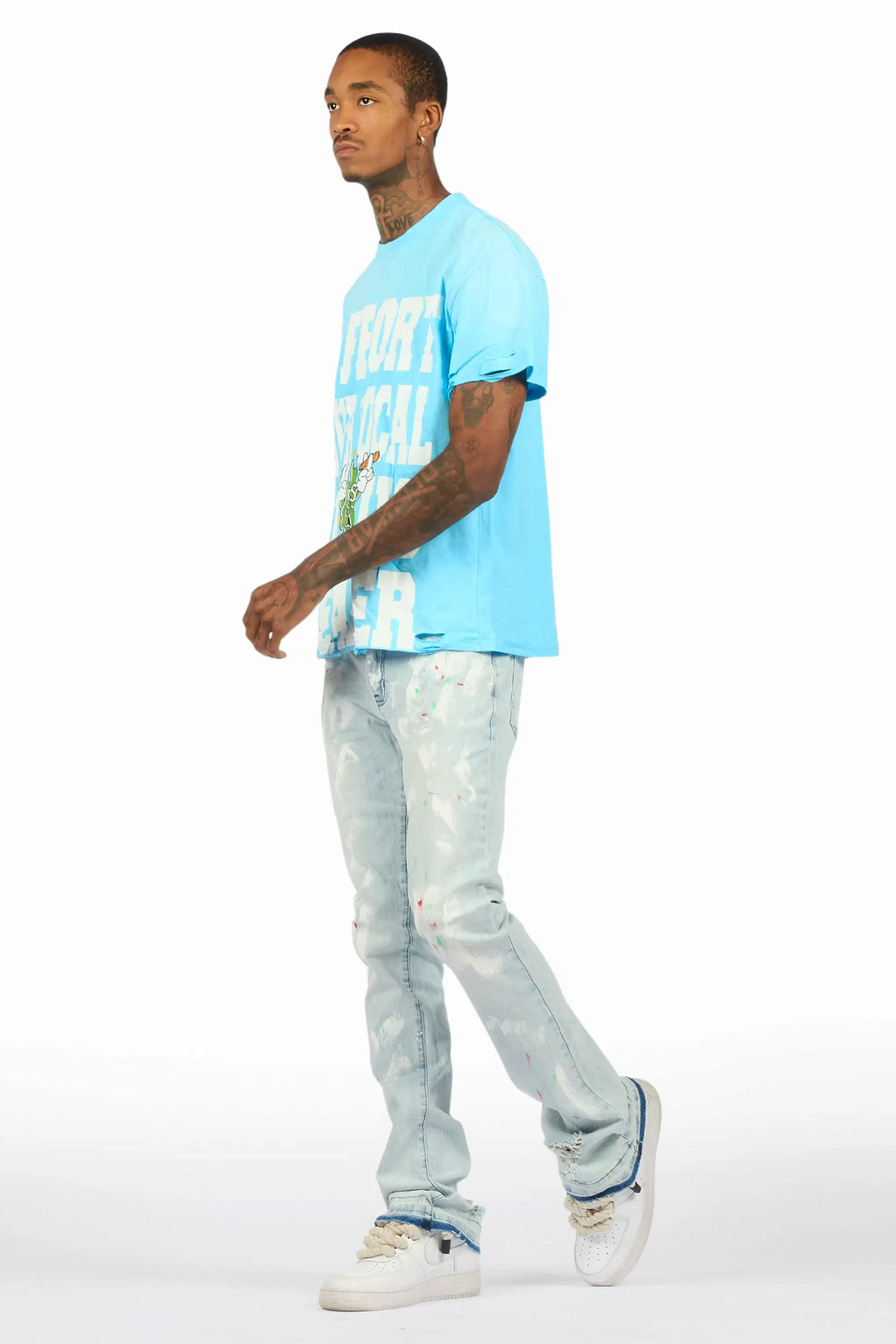 Tarl Blue Oversized T-Shirt/Stacked Flare Jean Set