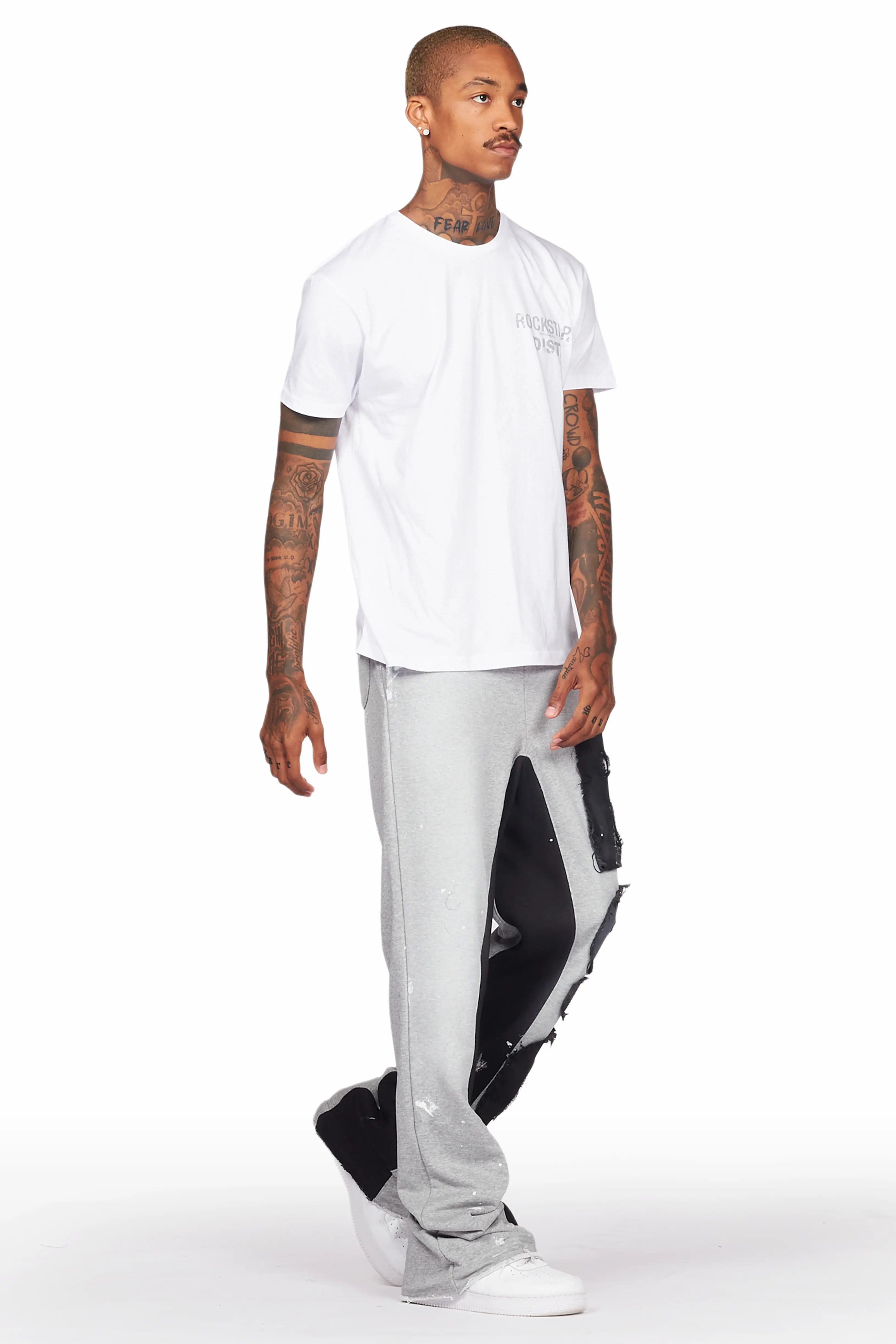 Acotas Grey Patchwork Stacked Baggy Flare Pants