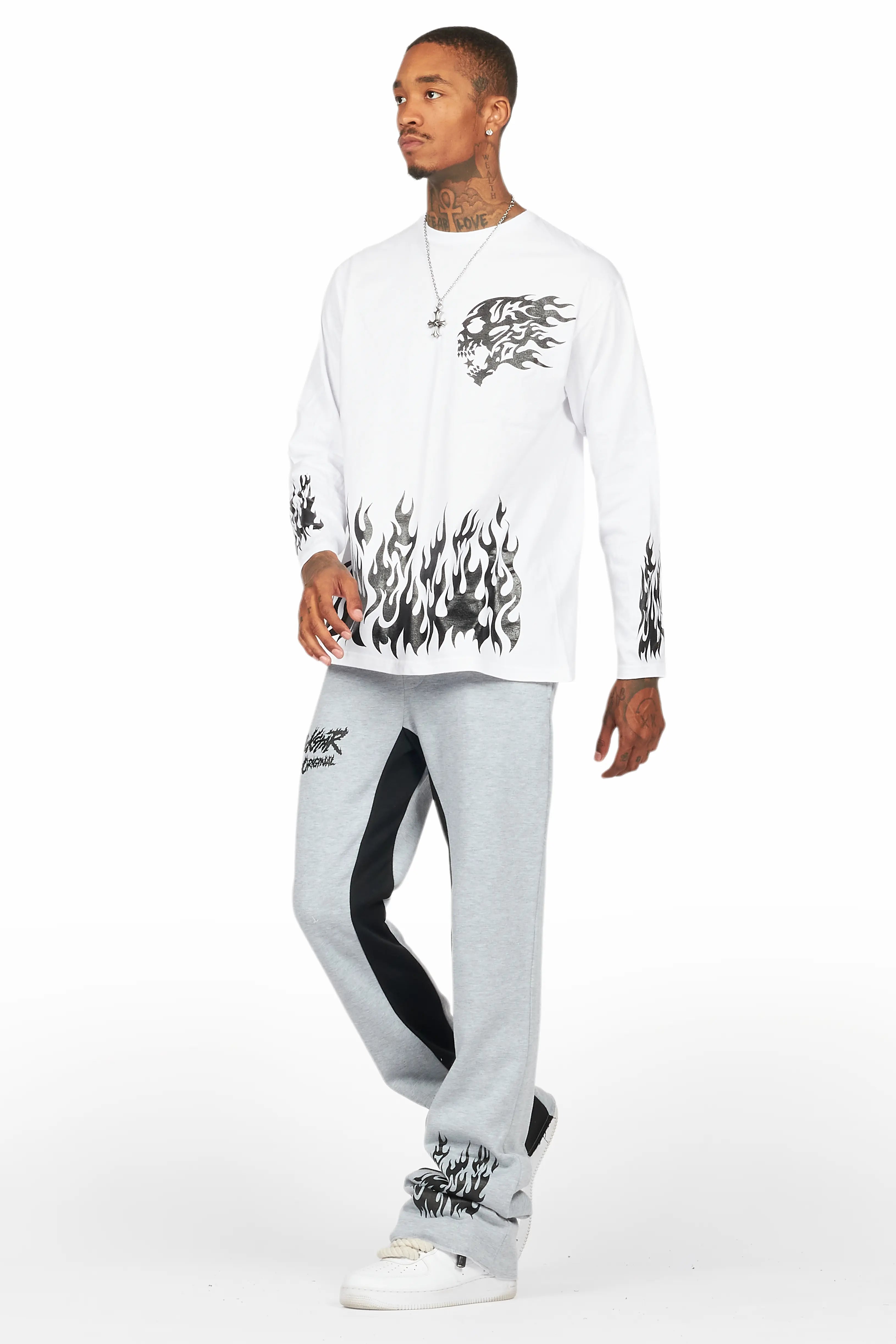 Bubble White/Grey Long Sleeve T-Shirt/Baggy Pant Set