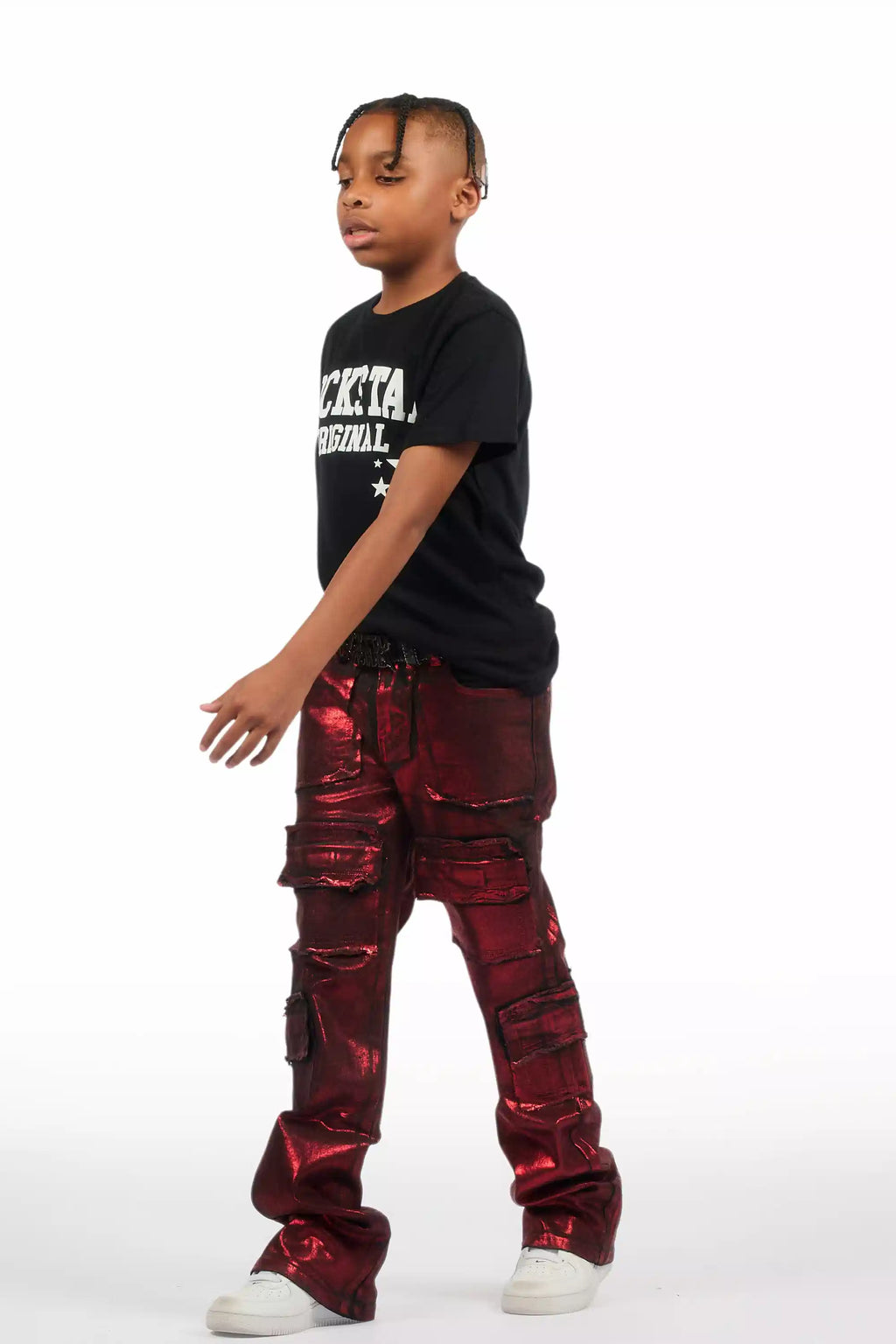 Boys Tyrell Red Metallic Coated Stacked Flare Jean