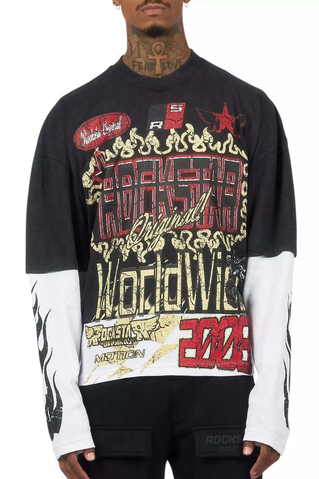 Deangelo Vintage Black/Red Boxy Crop Double Layer Tee