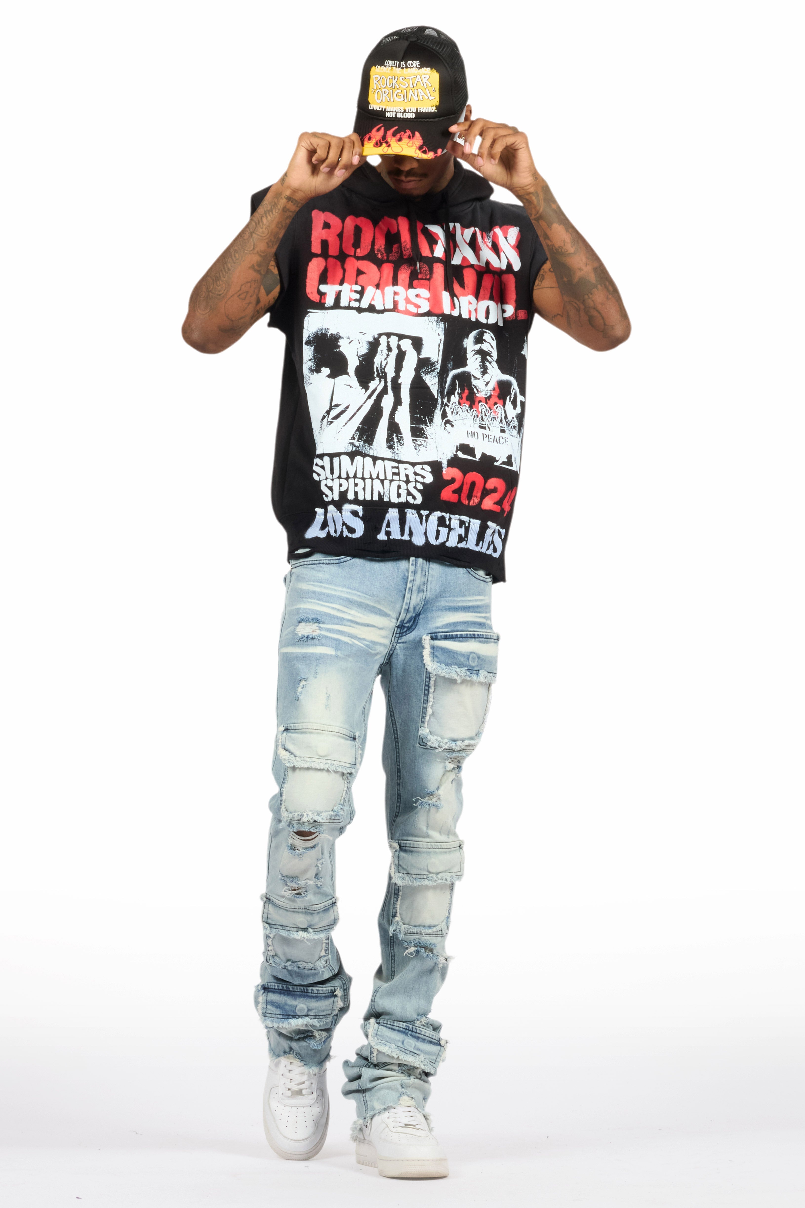 Paton Black/Red Distressed Graphic Cut Sleeve Hoodie