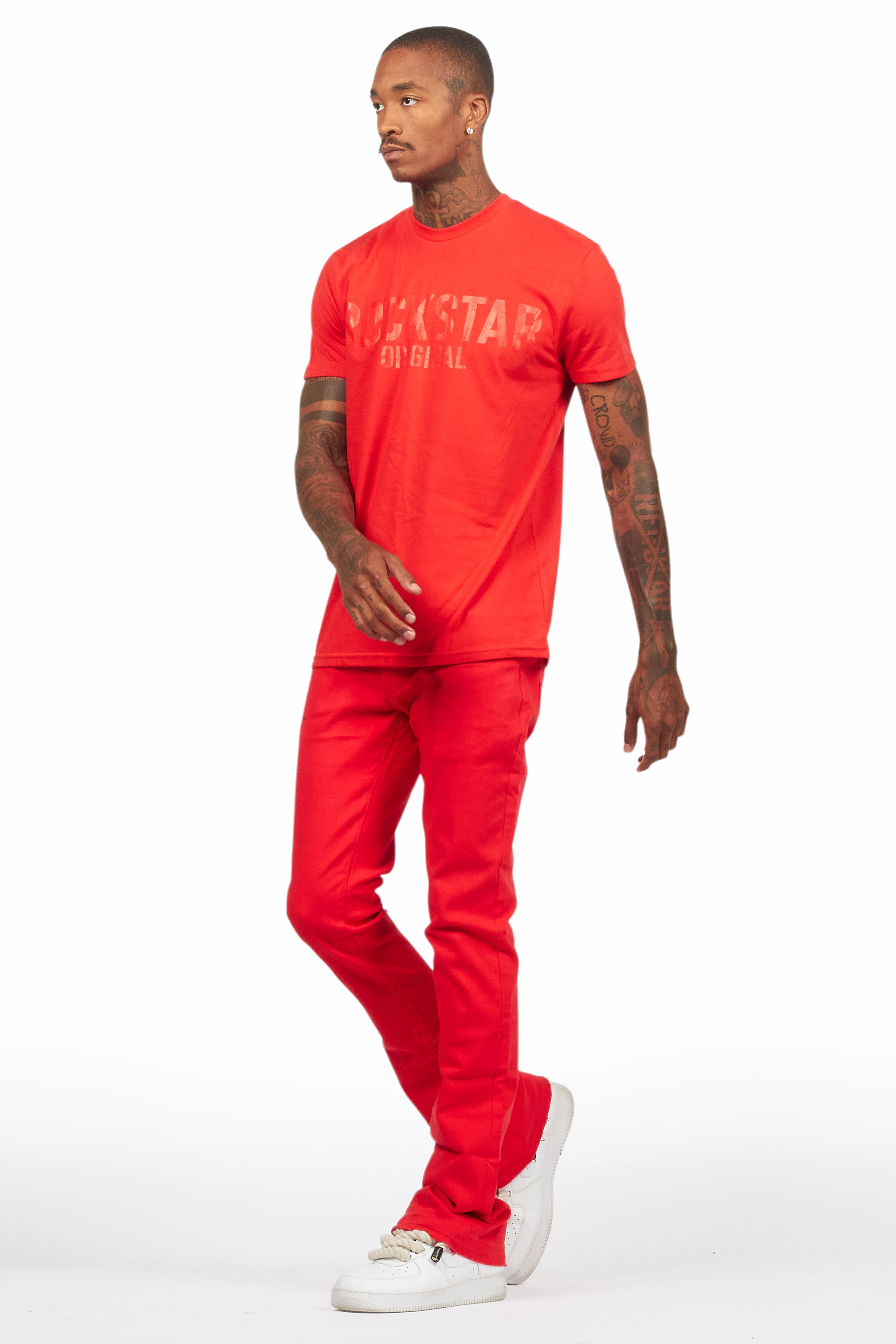 Sana Red T-Shirt/Dag Stacked Flare Jean Set