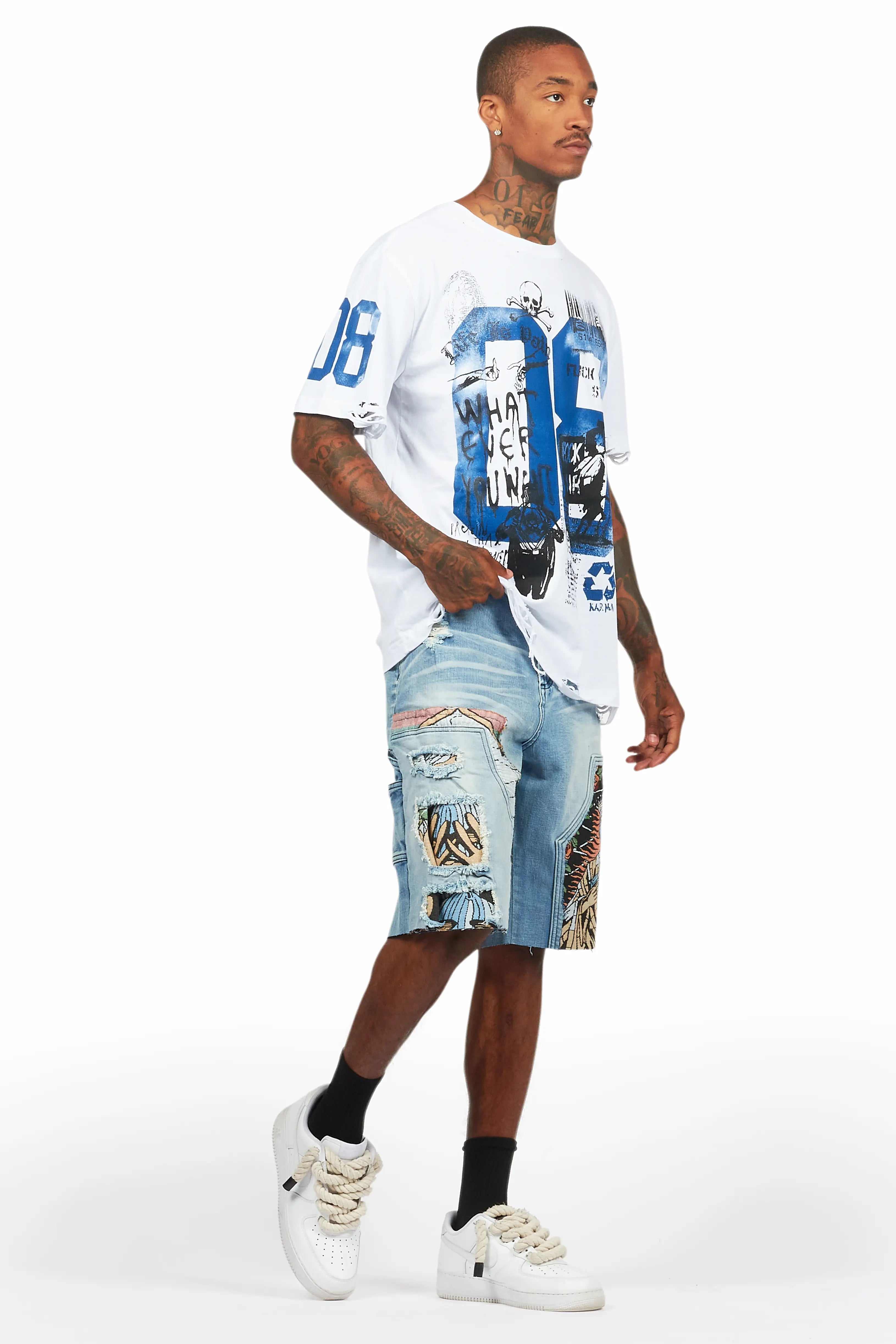 Grill White/Blue Tapestry T-Shirt/Denim Short Set