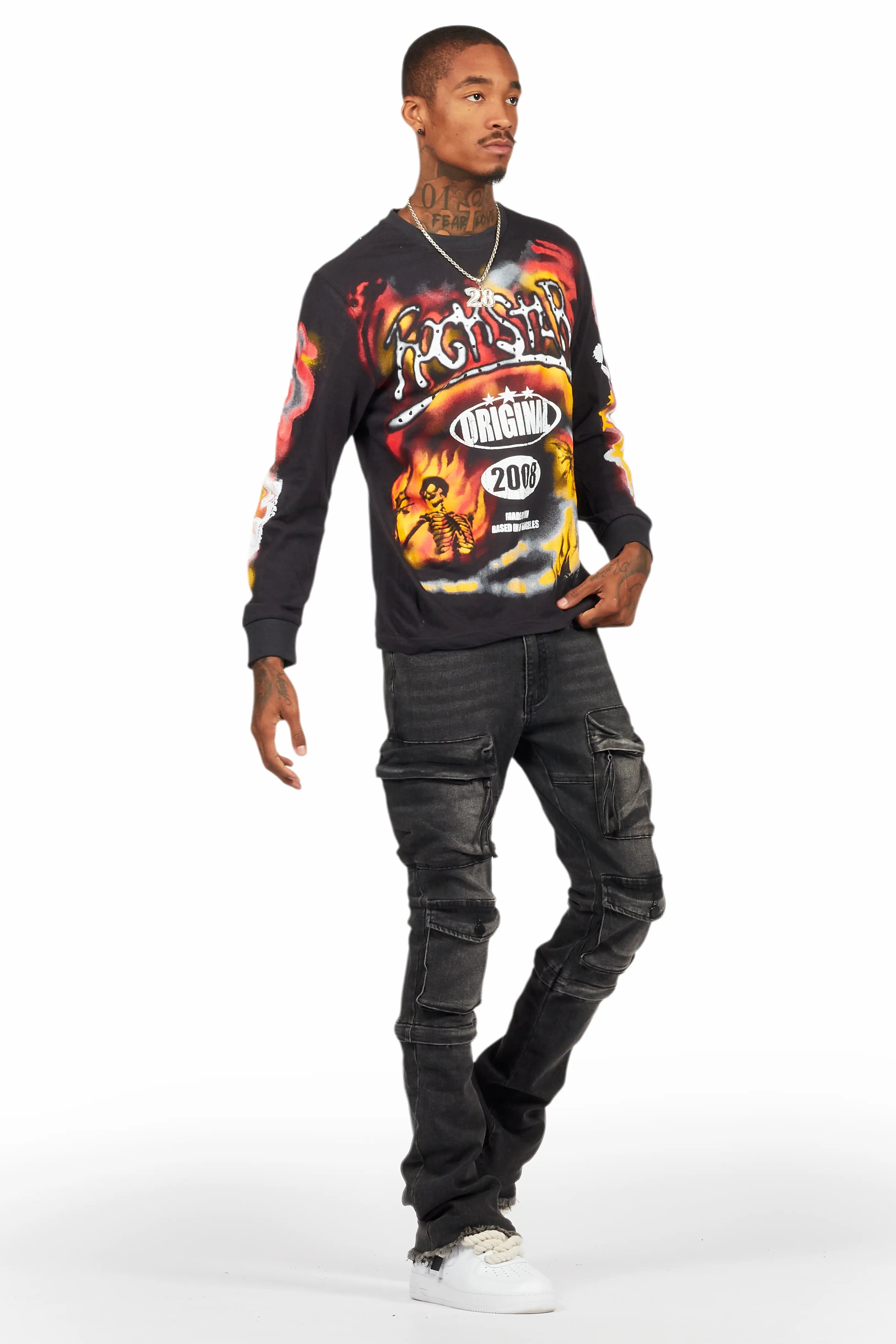 Jan Black Stacked Flare Cargo Jean