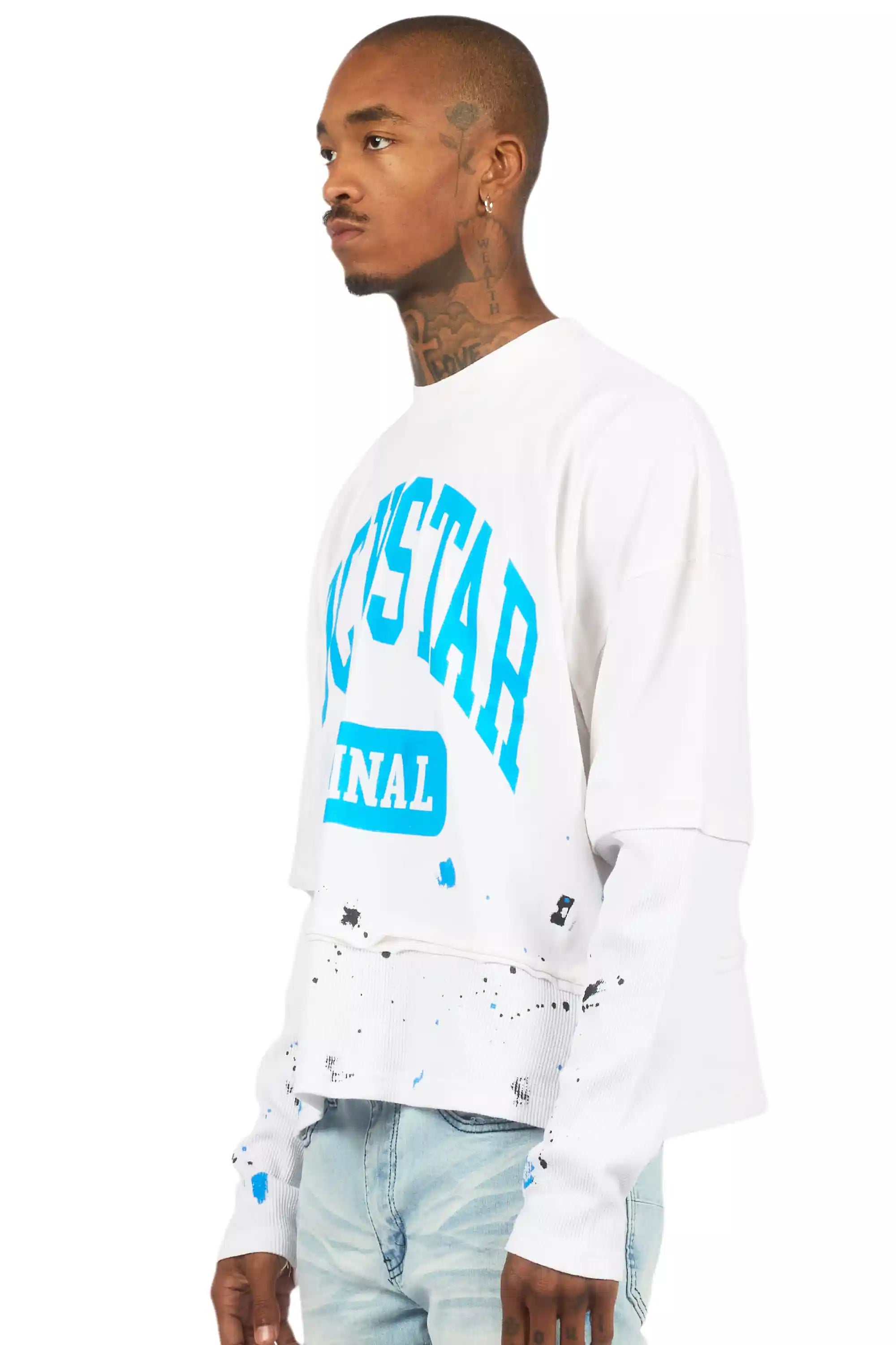 Rainer White/Blue Boxy Crop Double Layer Tee