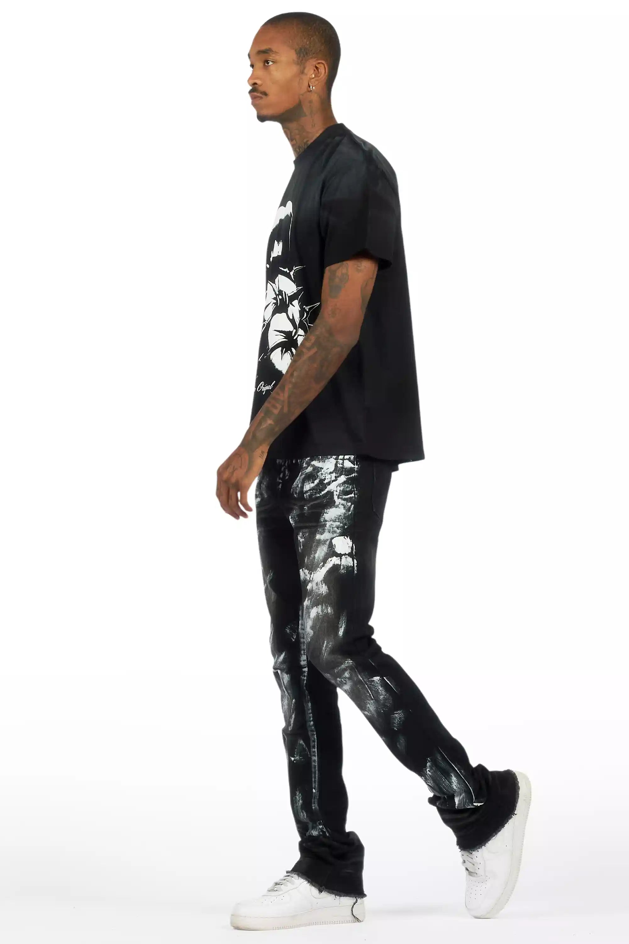 Schmear Black Oversized Graphic T-Shirt/Painted Stacked Flare Jean Bundle