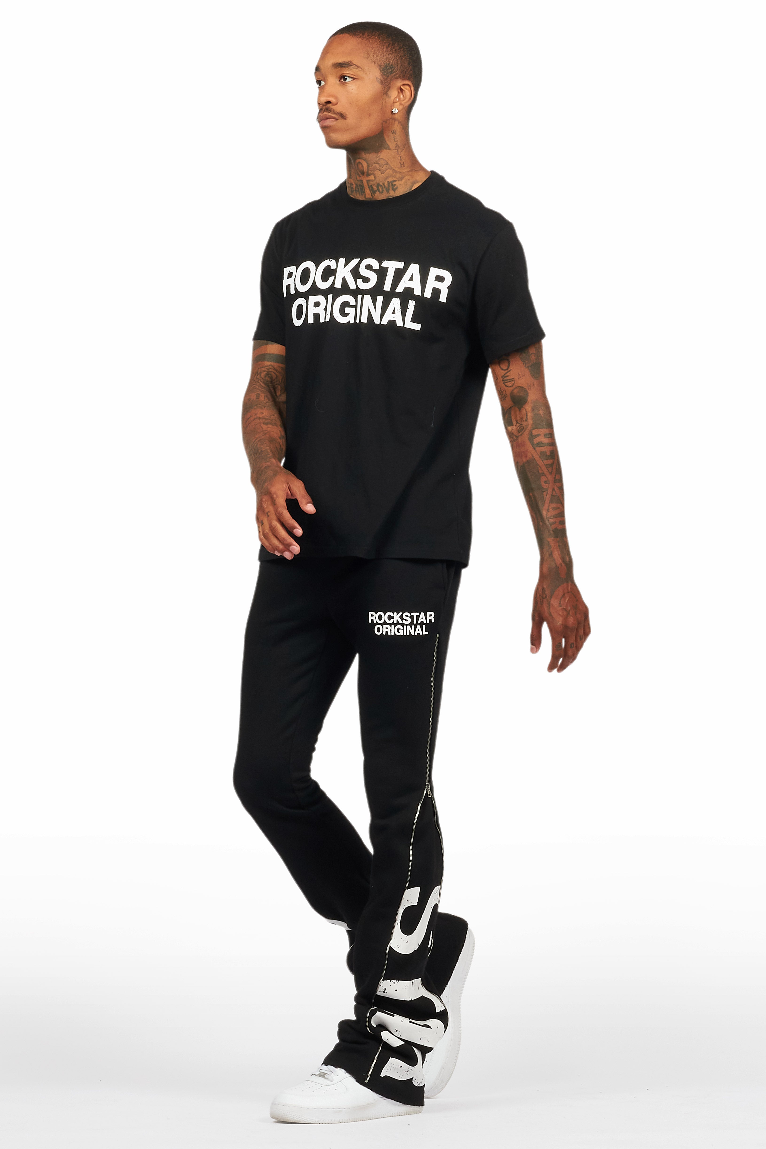 Deniska Black T-Shirt/Baggy Stacked Flare Track Set