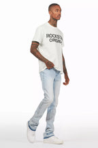 Jian Light Blue Rhinestone Stacked Flare Jean