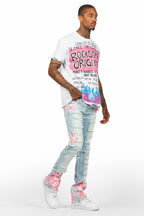 Kodak Blue/Pink Painter Stacked Flare Fringe Jean
