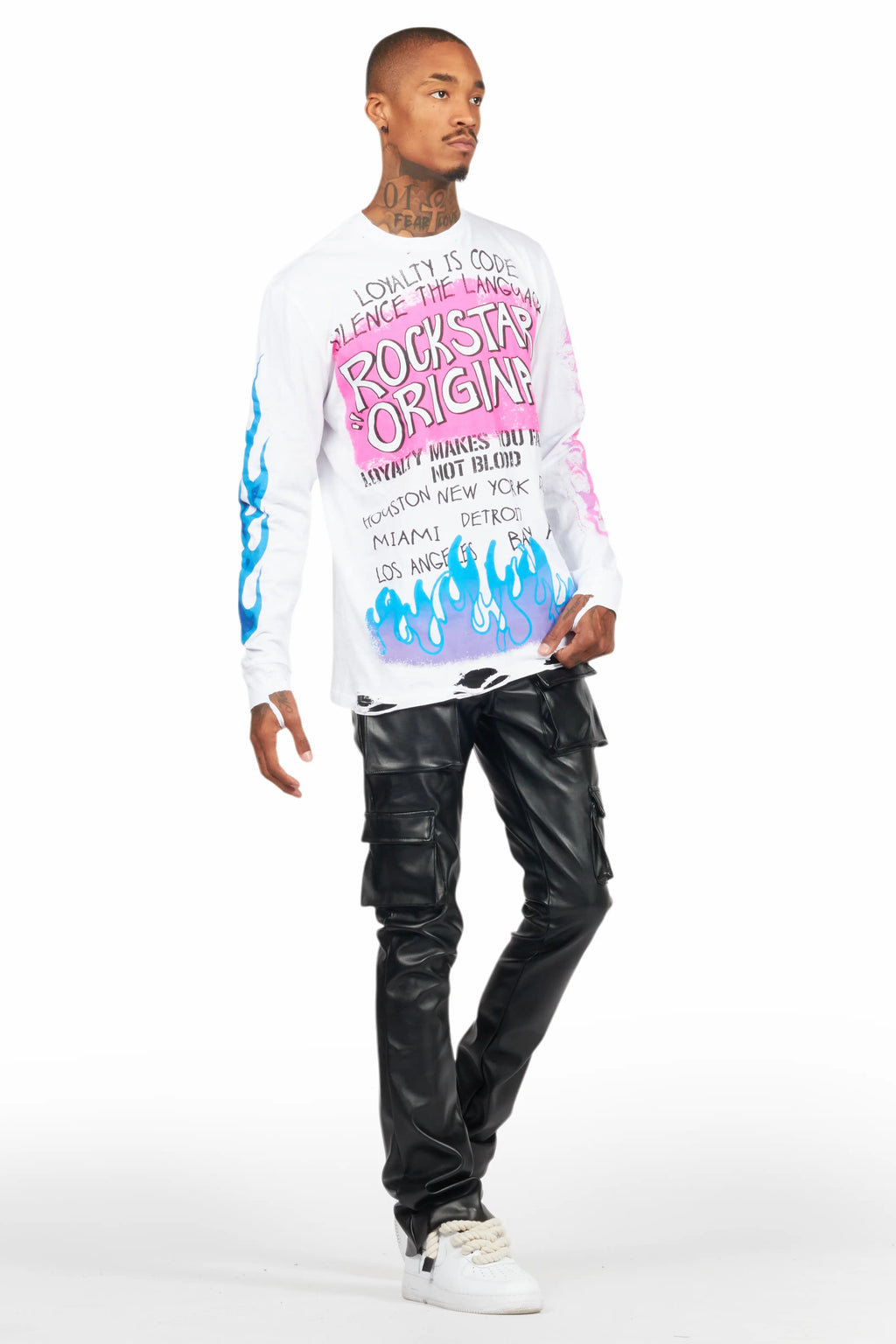 Beno White Long Sleeve Distressed Graphic T-Shirt