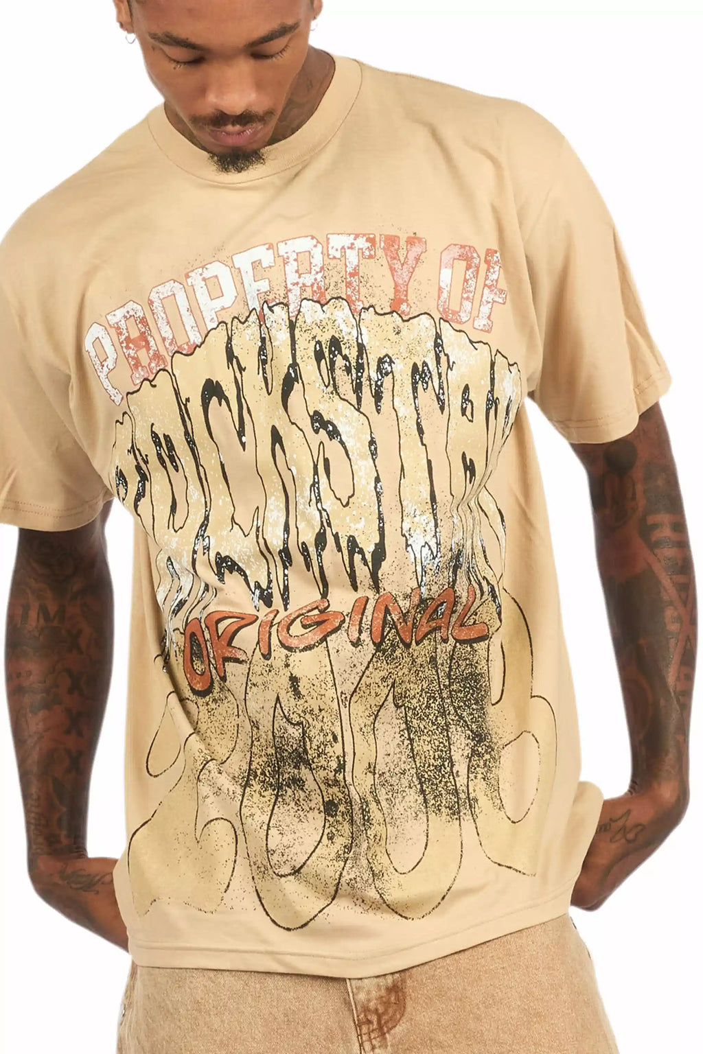 Raezion Beige/Brown Oversized Graphic T-Shirt