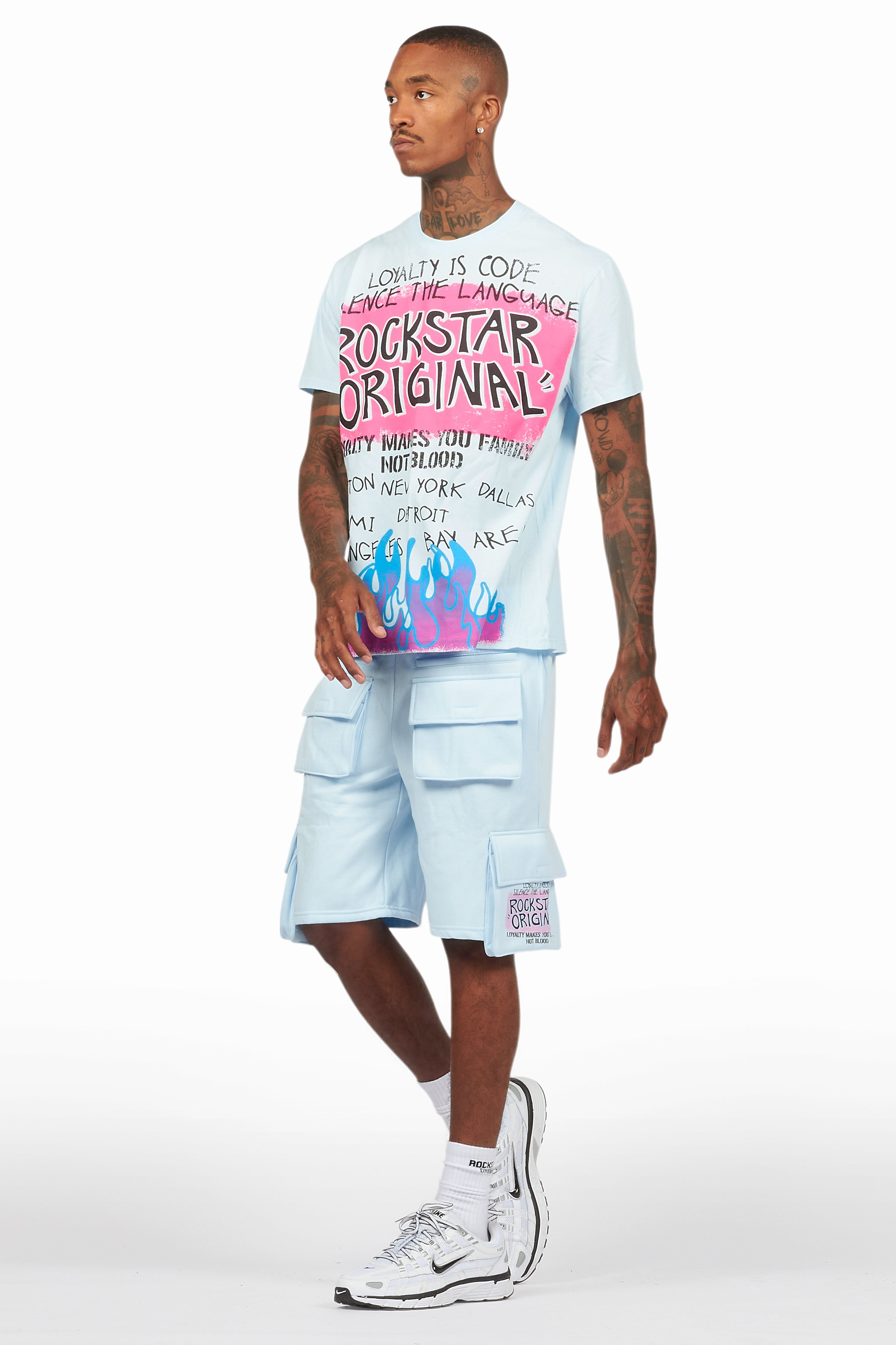 Beno Baby Blue T-Shirt Cargo Shorts Set