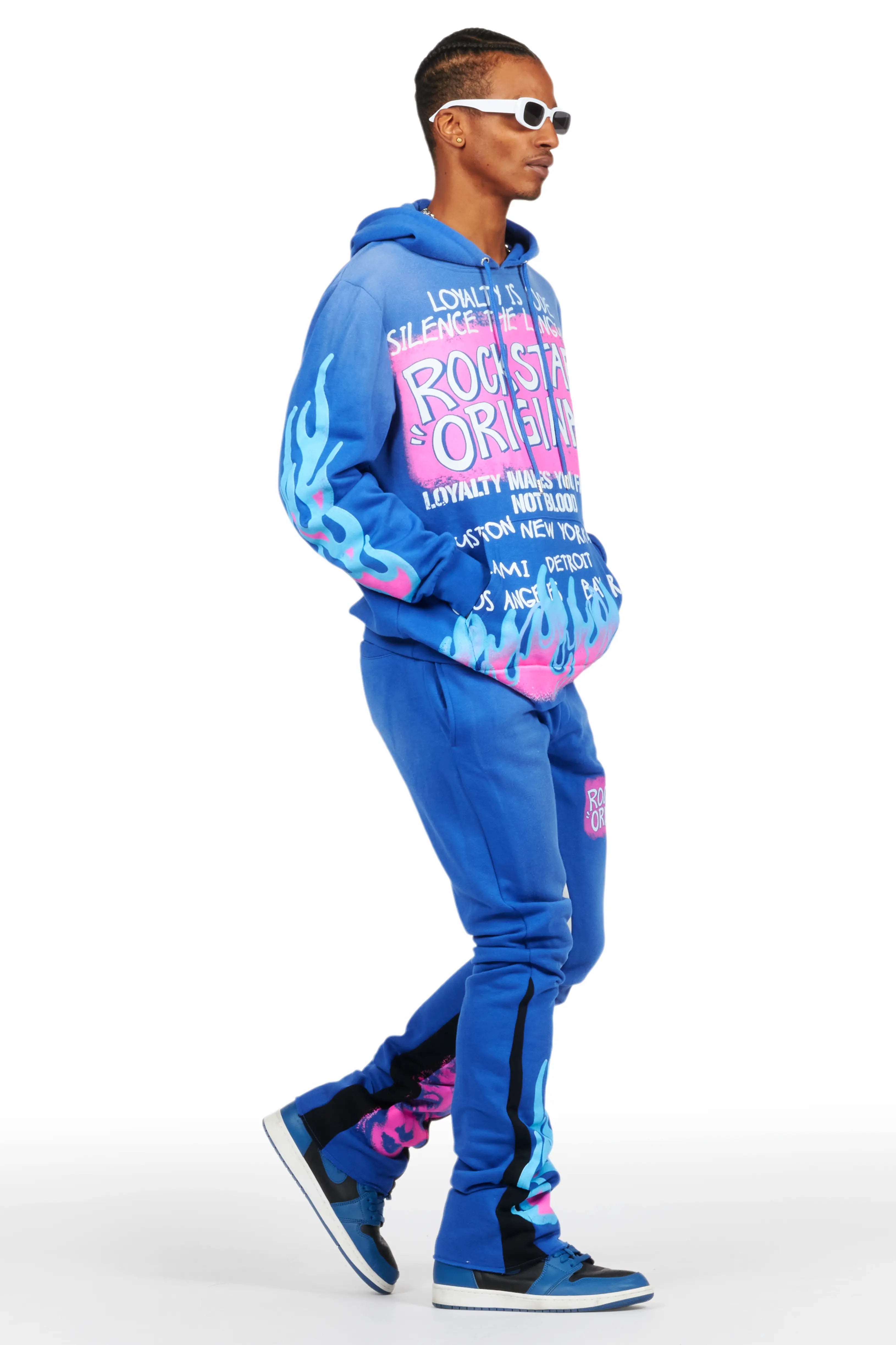 Beno Royal Blue Stacked Flare Hoodie Track Set