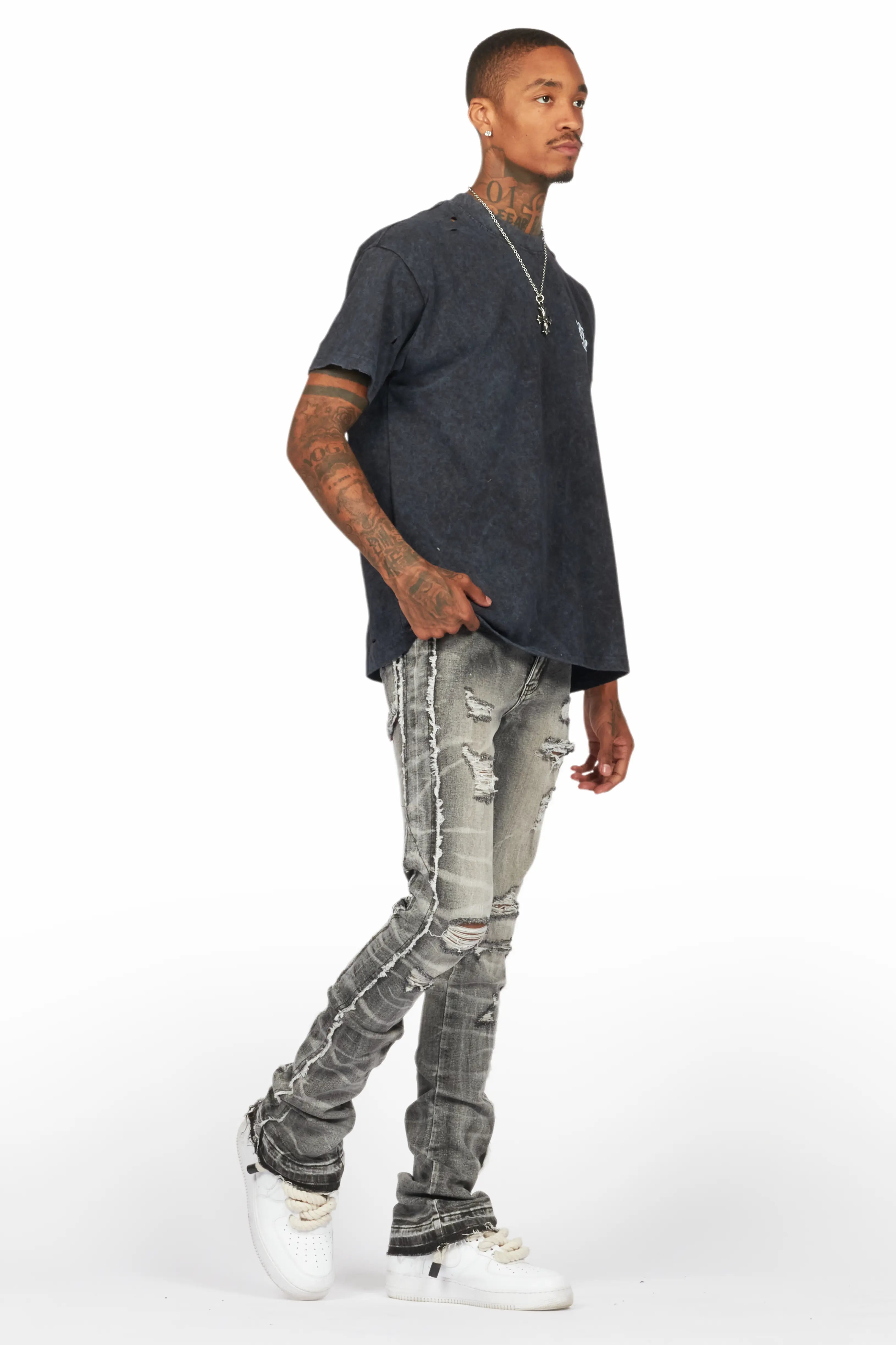 Rugged Black Stacked Flare Jean