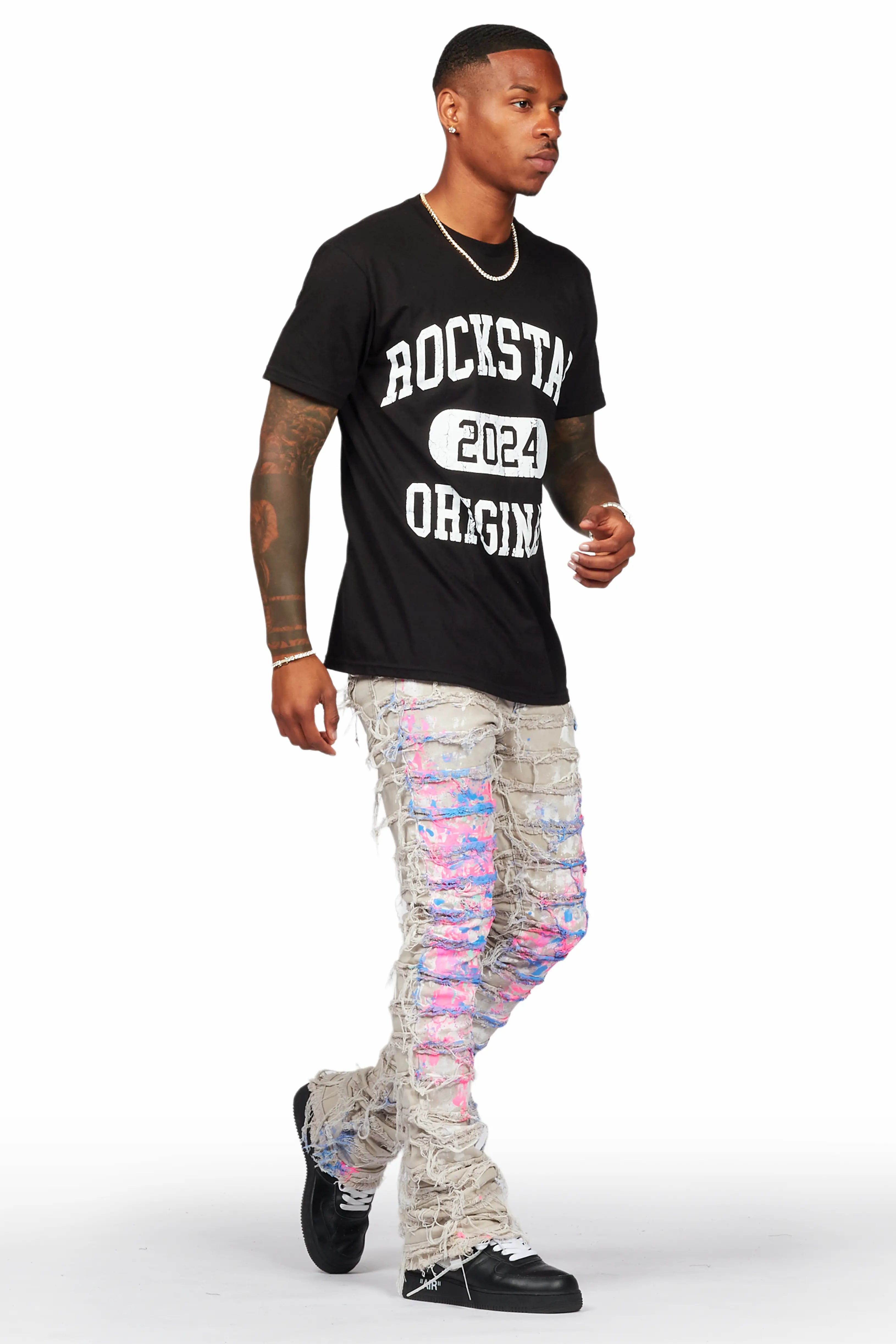 Qamar Pink/Blue Painter Stacked Flare Jean