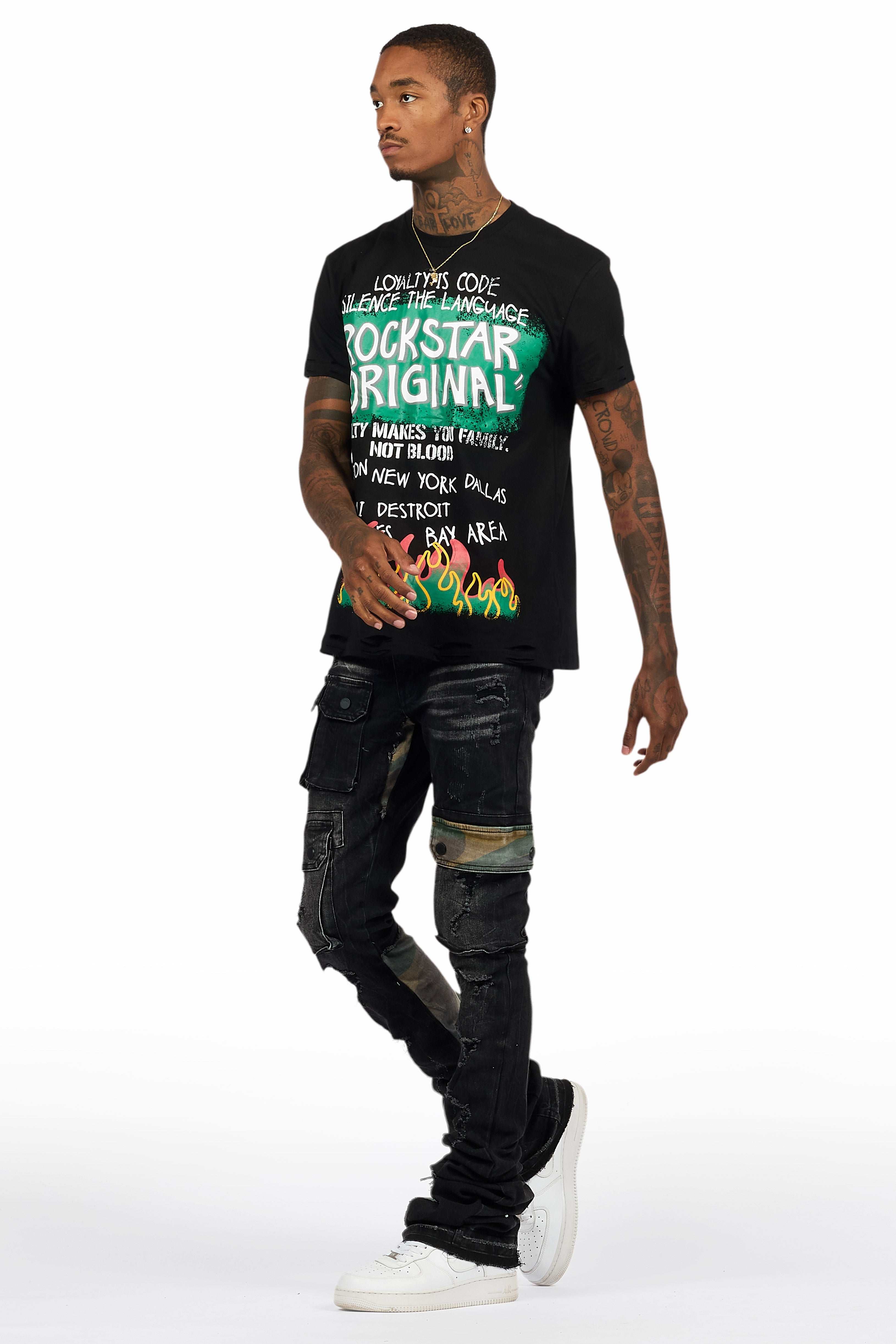 Beno Black T-Shirt/Super Stacked Flare Jean Bundle