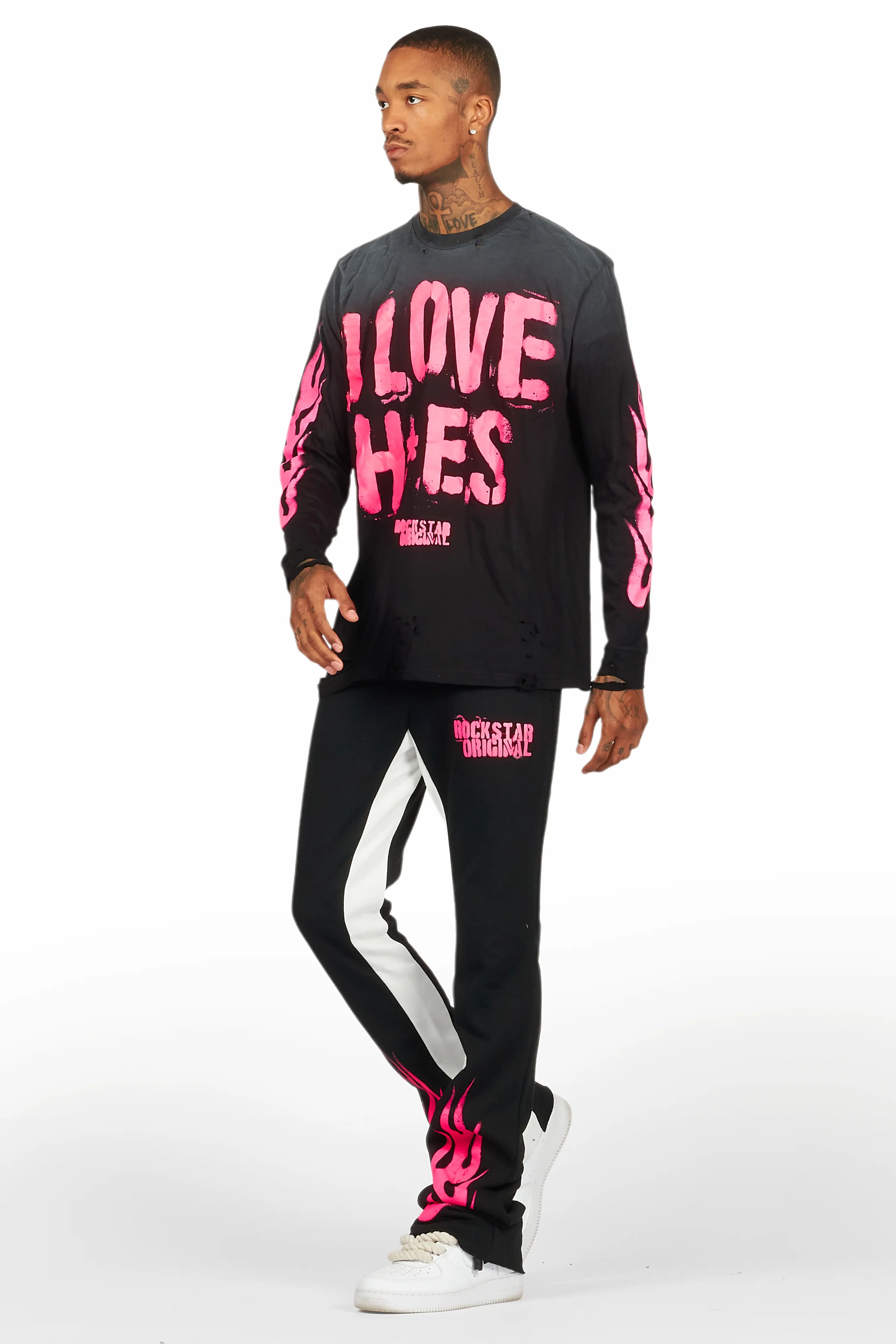 Banyan Black/Pink Long Sleeve T-Shirt/Stacked Baggy Track Pant Set