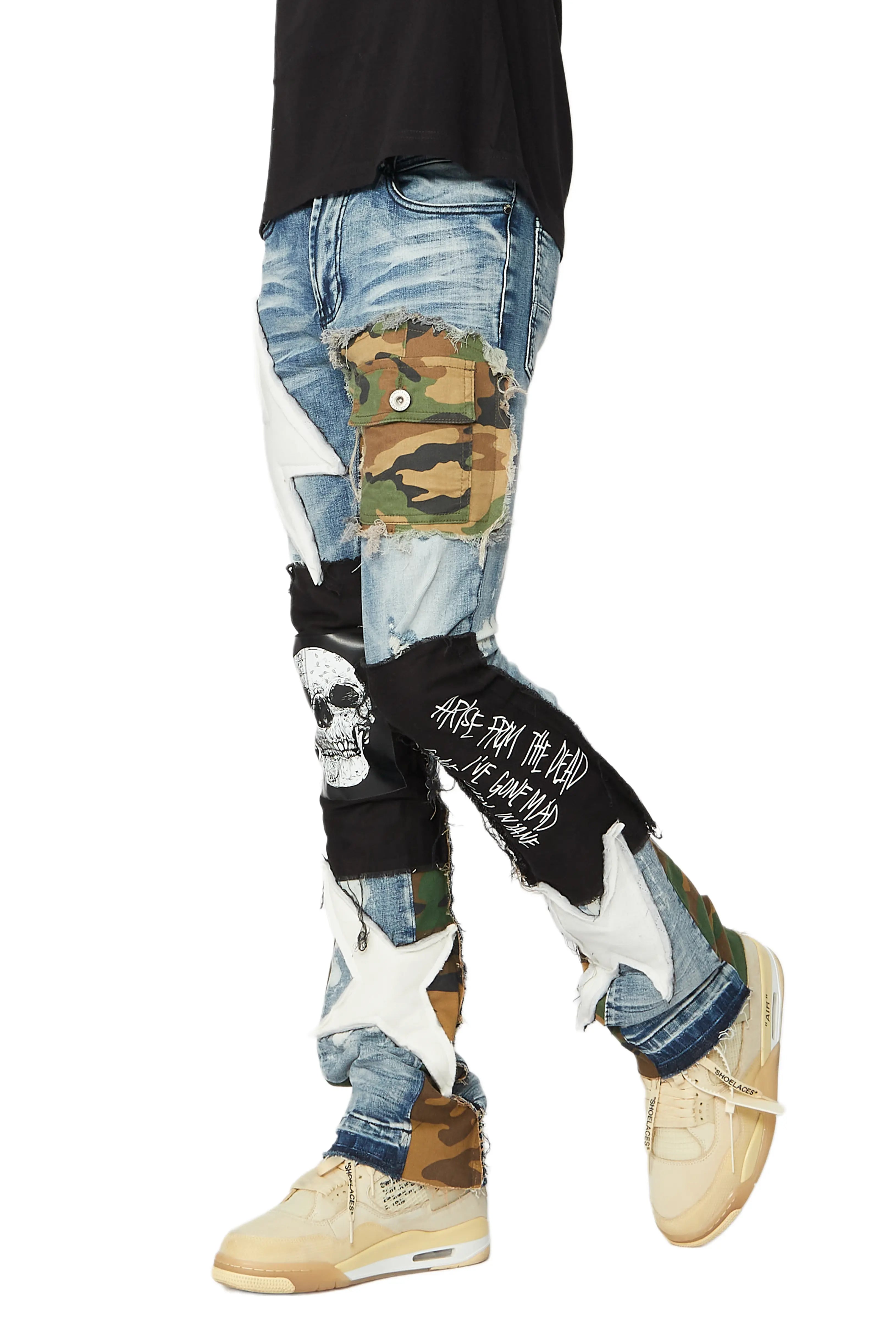 Soren Blue/Camo Stacked Patchwork Flare Jean
