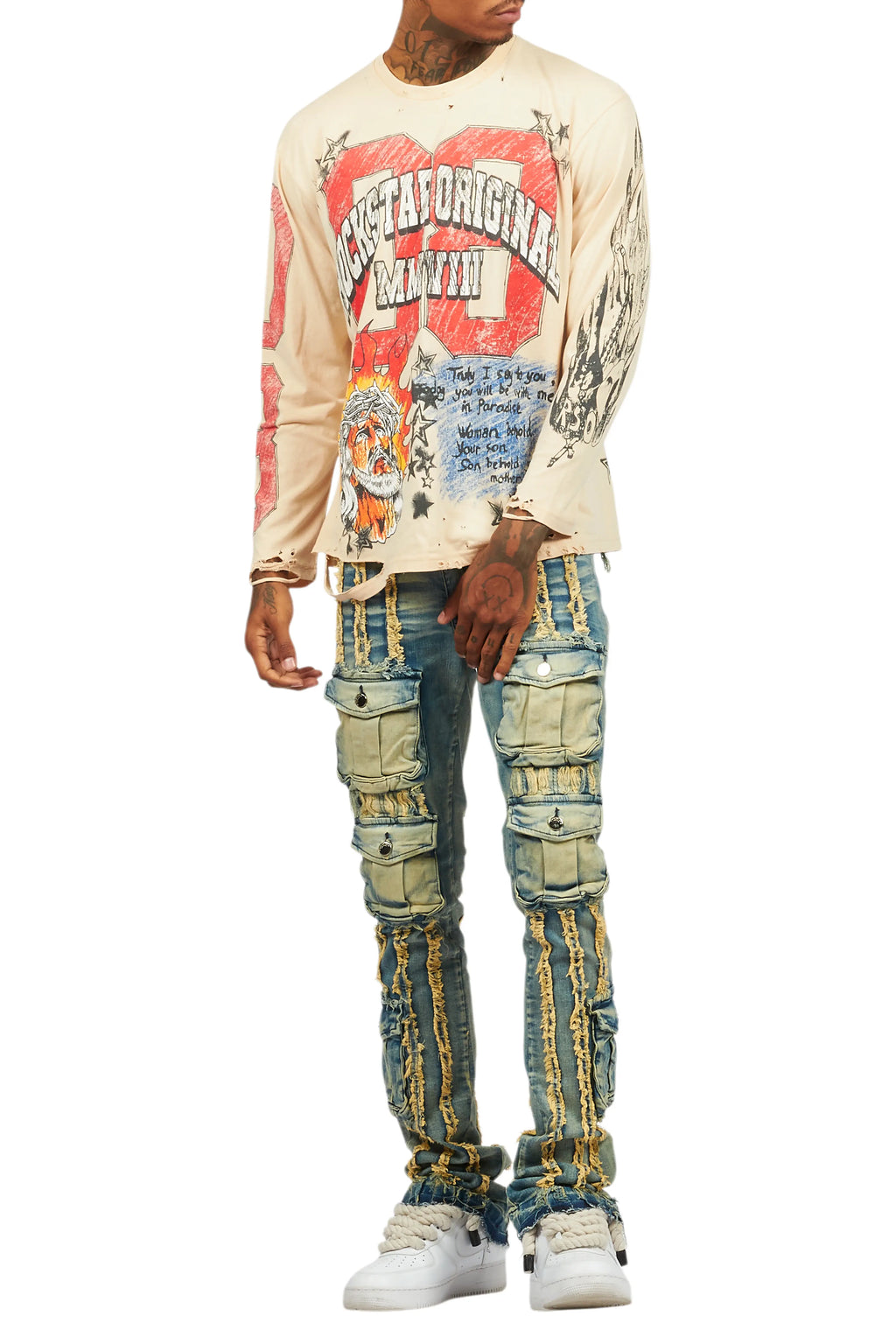 Jesus Crayon Beige Long Sleeve Graphic T-Shirt