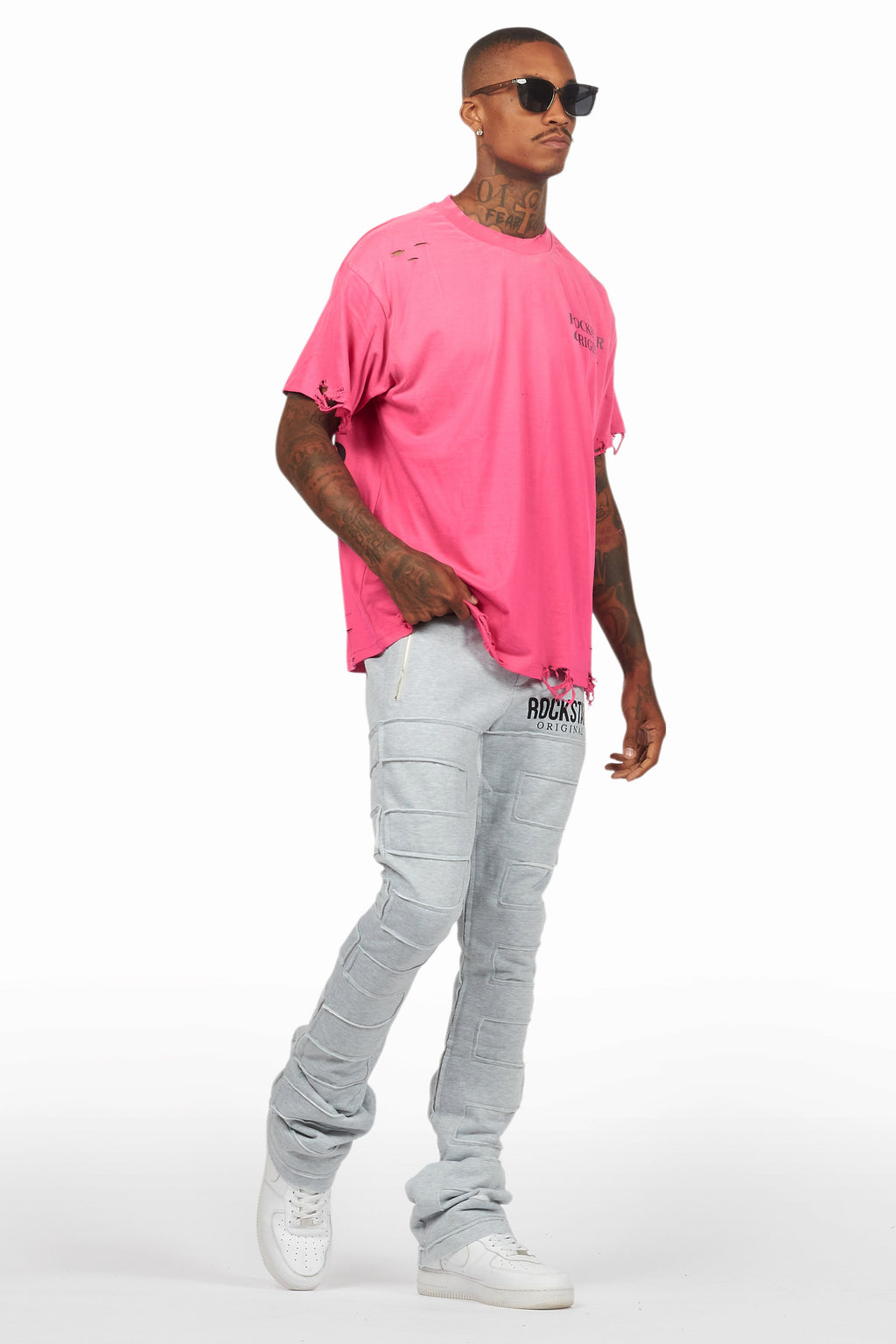 Emilio Heather Grey Stacked Flare Track Pant