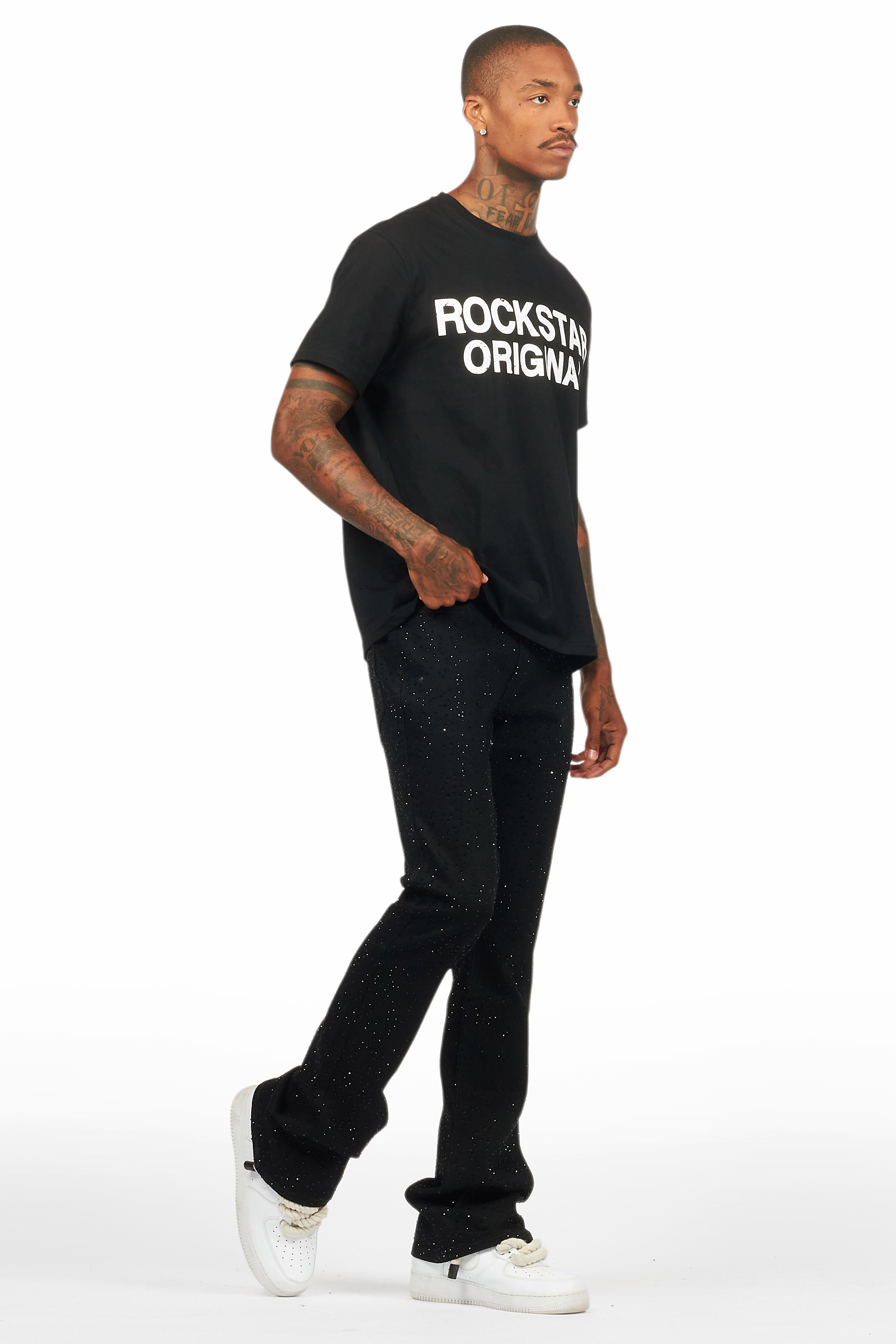 Lucki Black Rhinestone Stacked Flare Jean