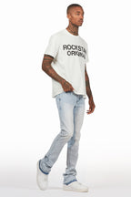 Kama Light Blue Rhinestone Stacked Flare Jean