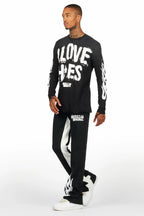 Banyan Black/White Long Sleeve T-Shirt/Stacked Baggy Track Pant Set