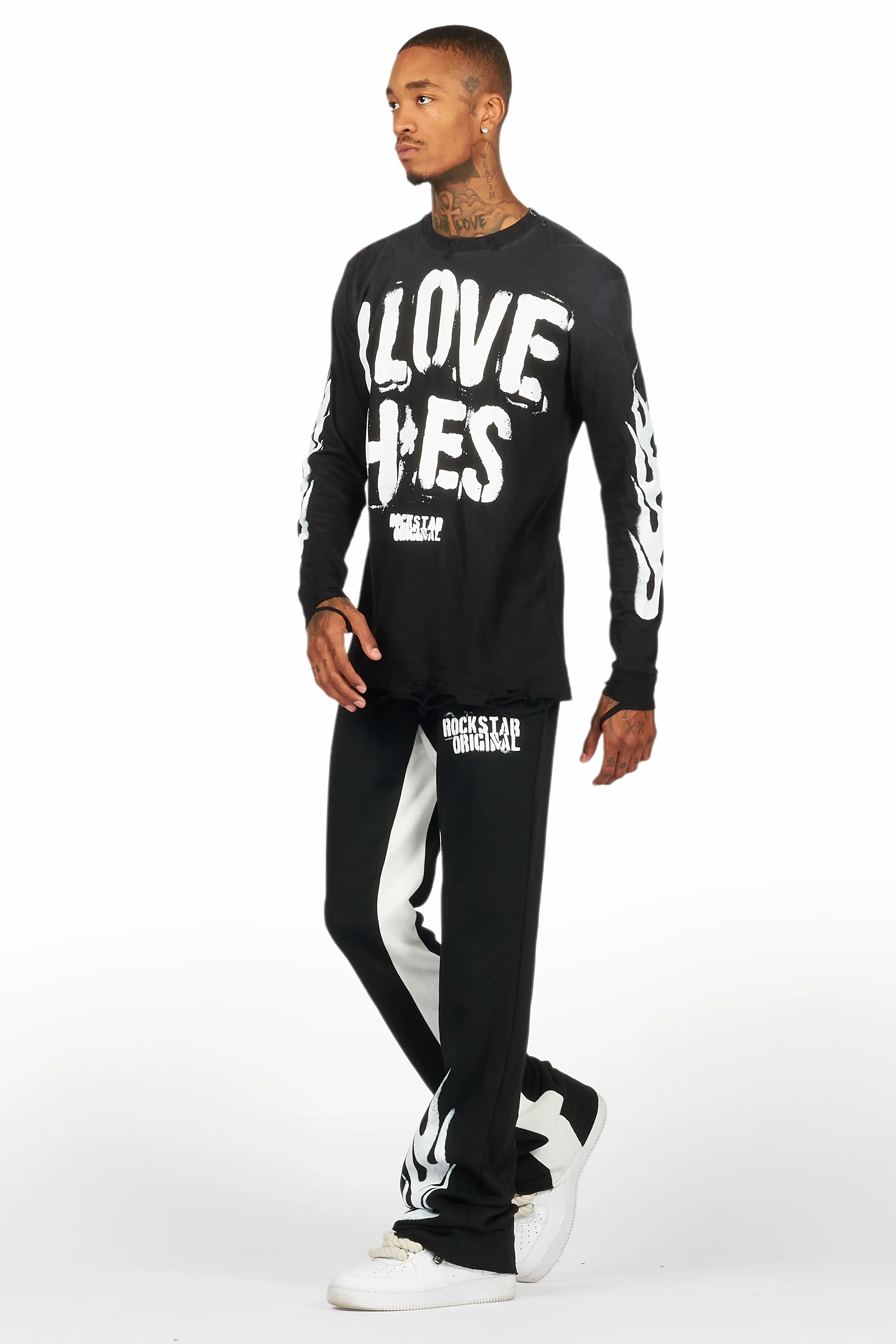 Banyan Black/White Long Sleeve T-Shirt/Stacked Baggy Track Pant Set