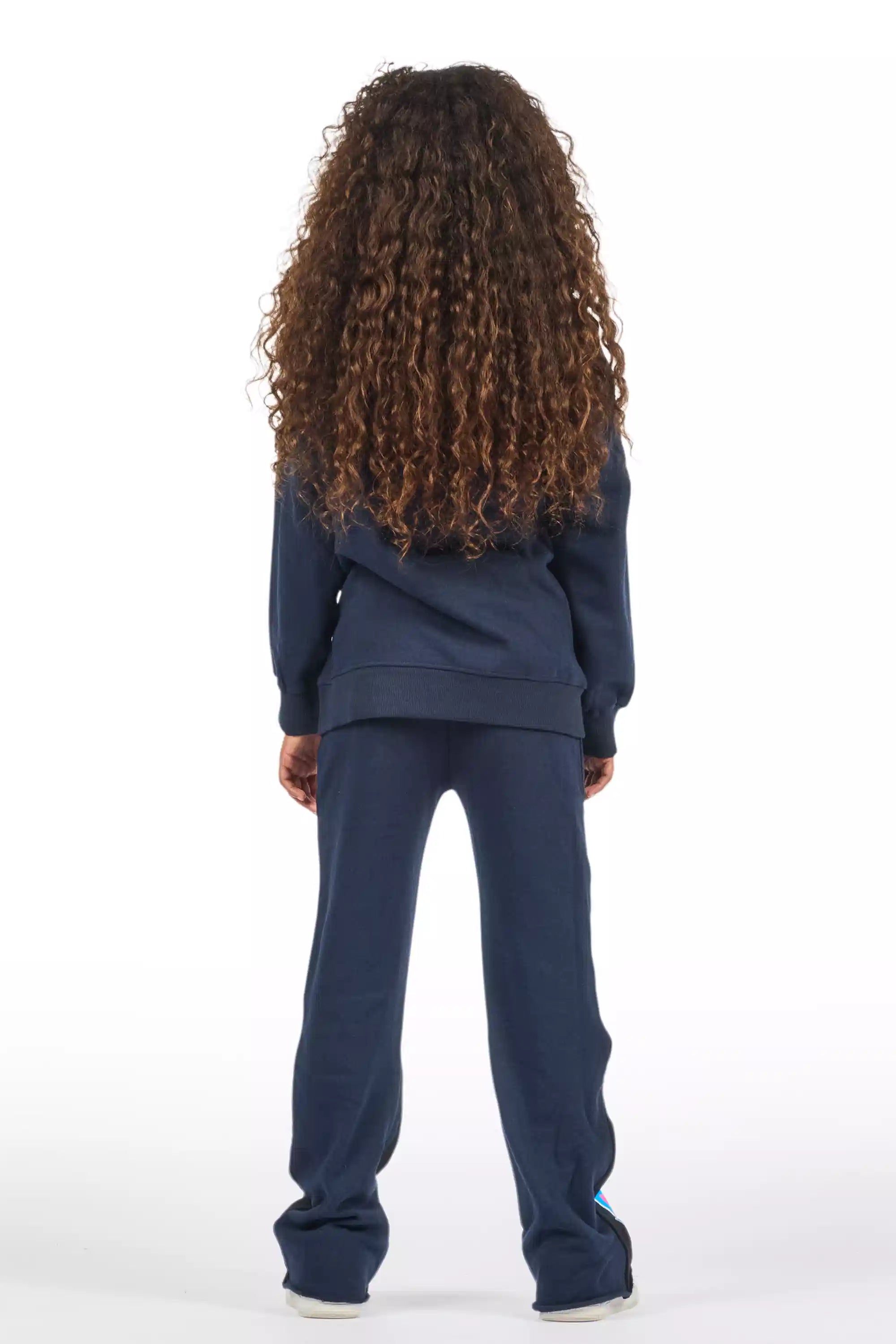 Girls Bridgette Navy/Pink Hoodie Stacked Flare Track Set