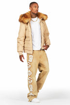 Langston Beige Puffer Jacket with Fur Hood