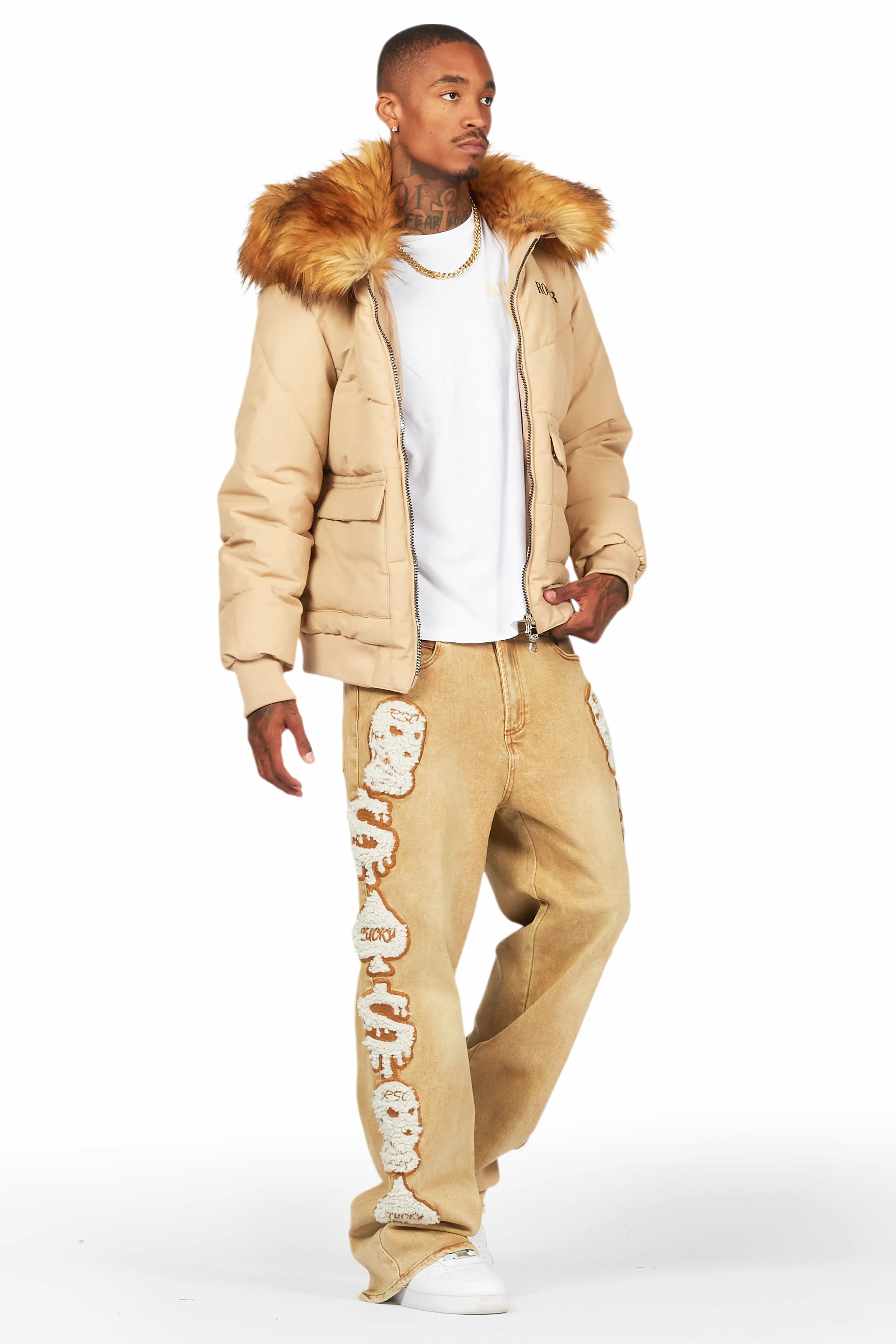 Langston Beige Puffer Jacket with Fur Hood