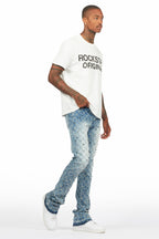 Glit Dark Blue Rhinestone Stacked Flare Jean