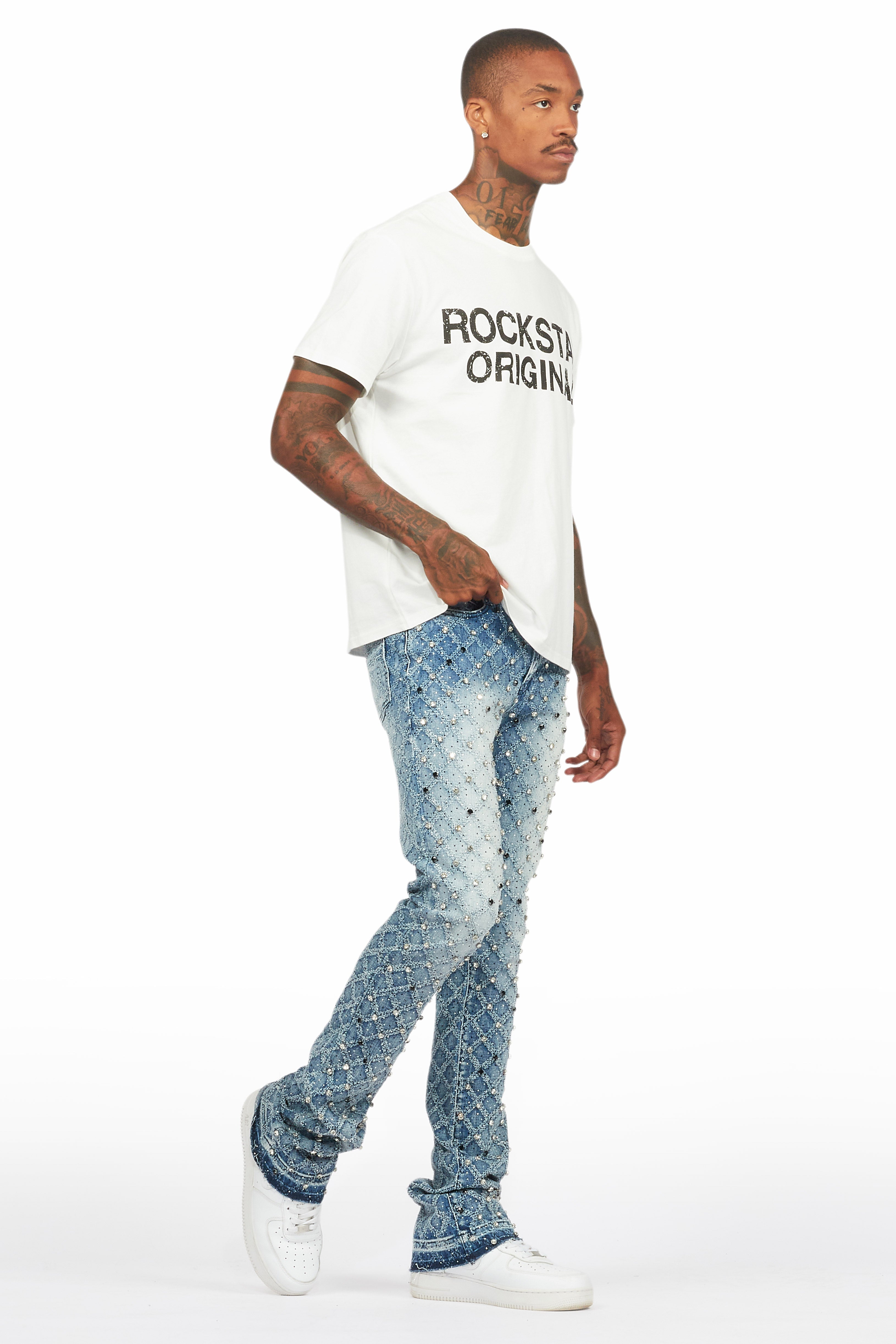 Glit Dark Blue Rhinestone Stacked Flare Jean