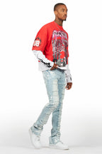 Kodak Blue/White Painter Stacked Flare Fringe Jean