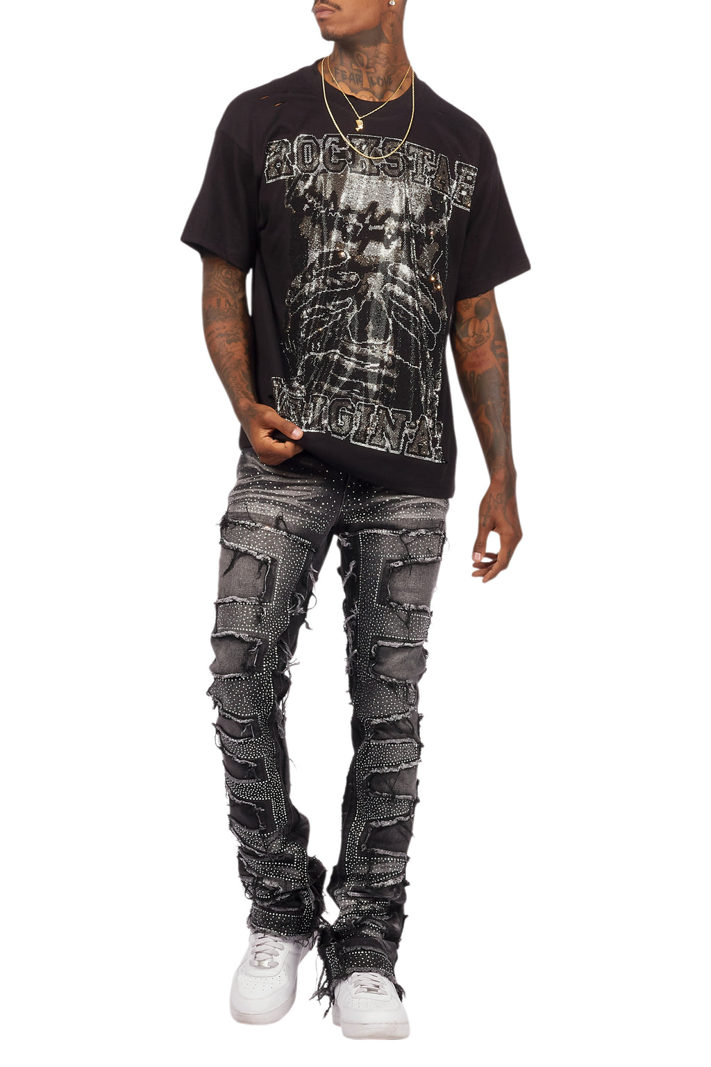 Aithan Black/Grey Graphic Rhinestone T-Shirt