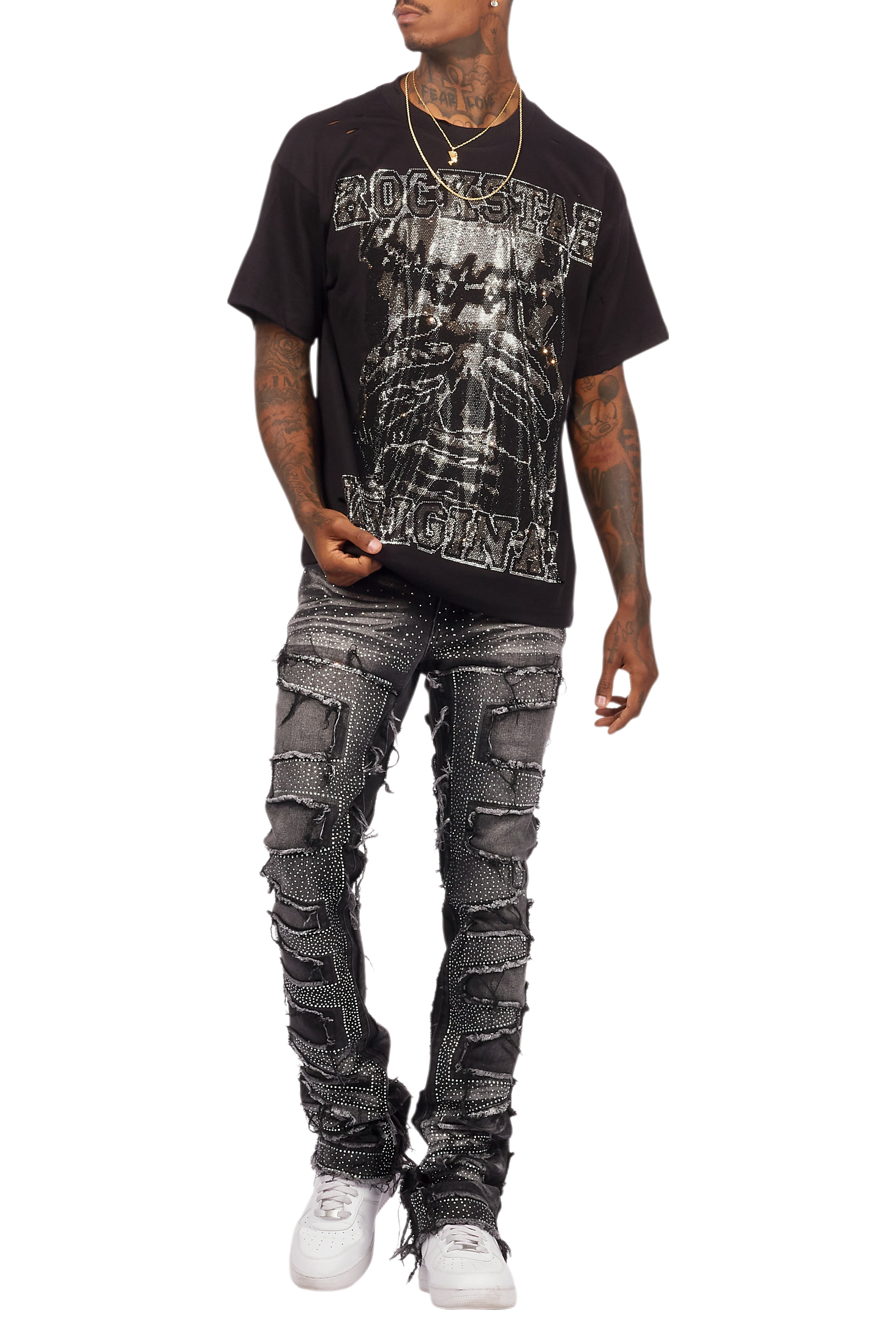Aithan Black/Grey Graphic Rhinestone T-Shirt