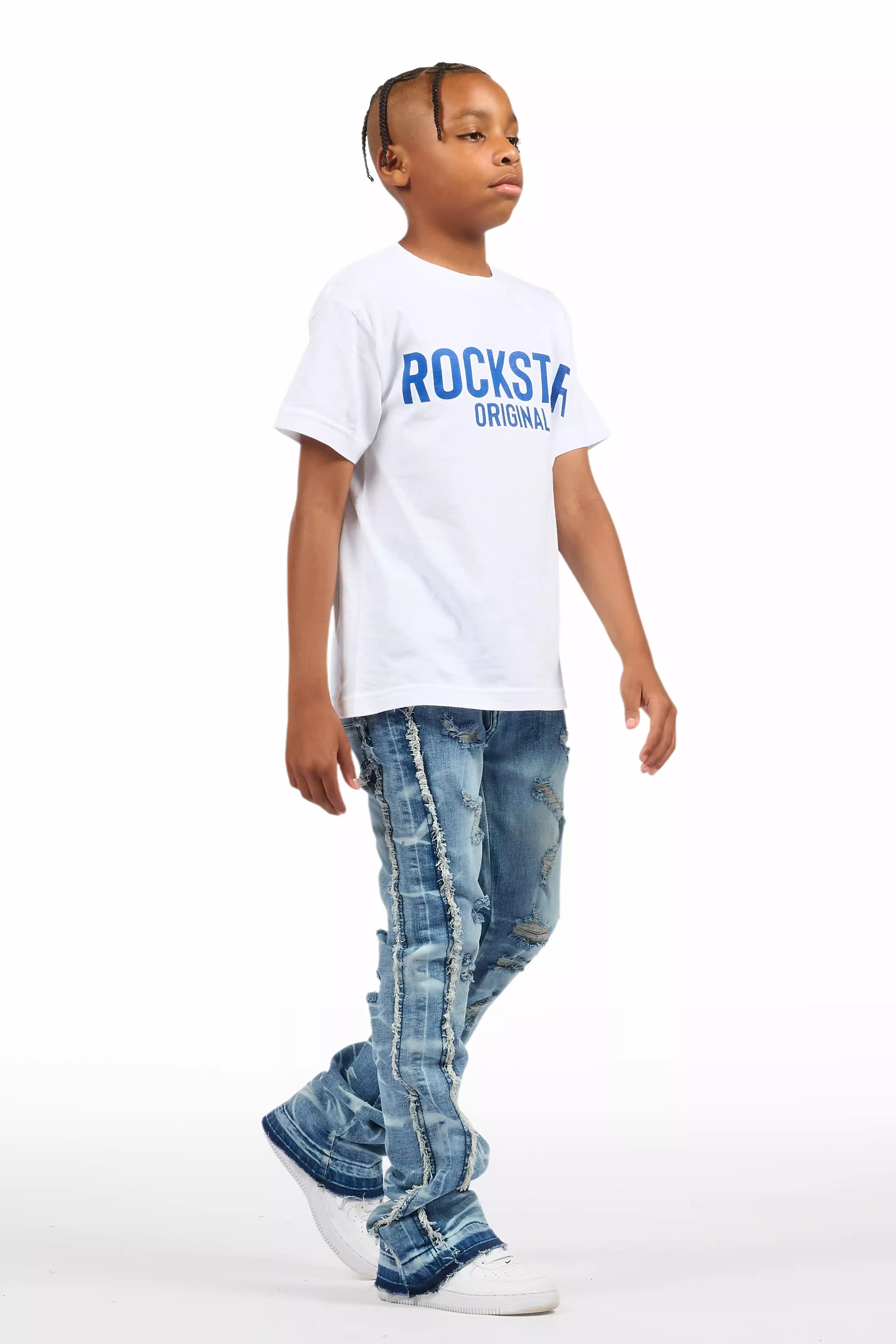 Boys Rugged Blue Stacked Flare Jean