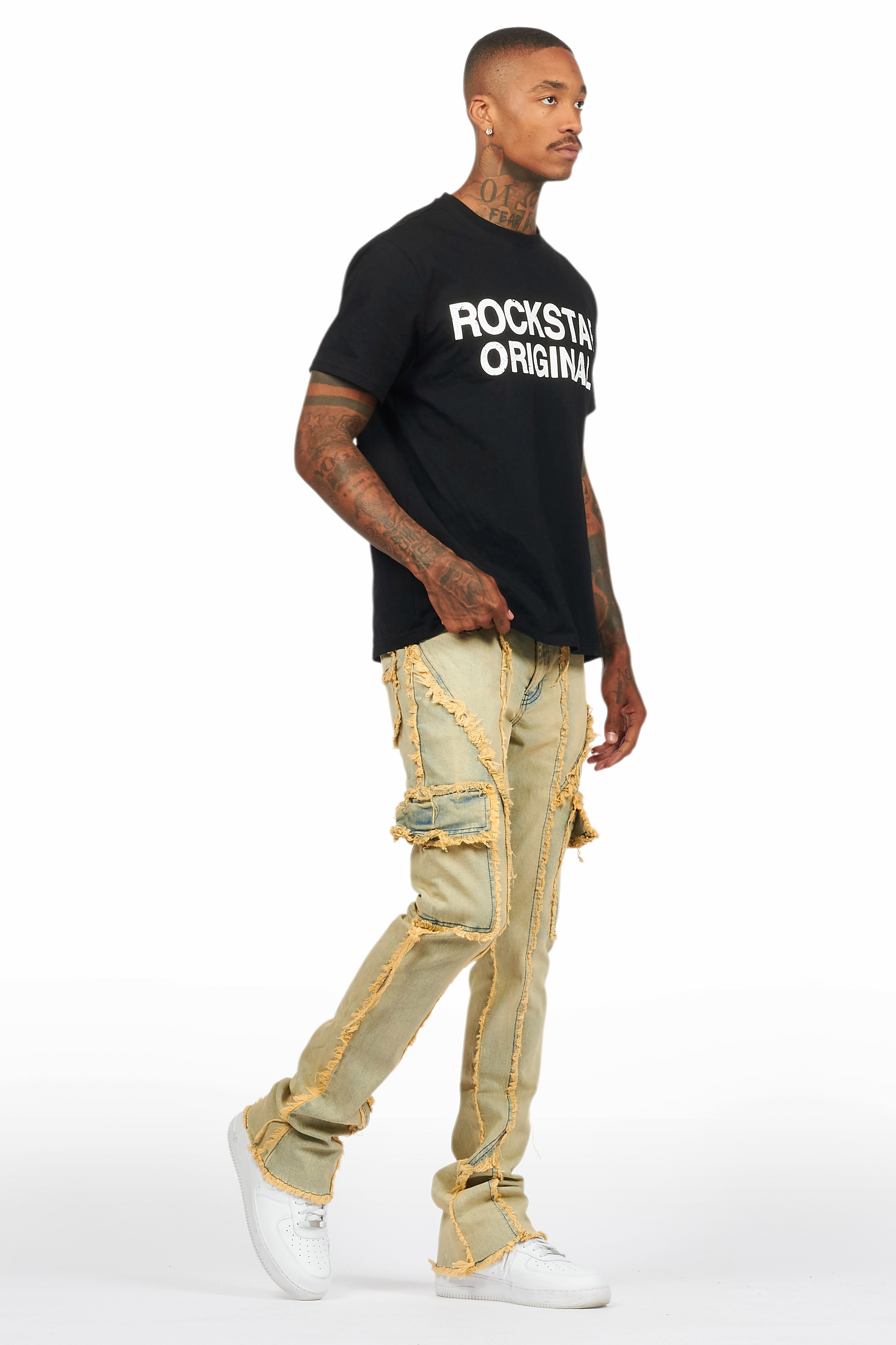 Revved Dirty Blue Stacked Flare Jean