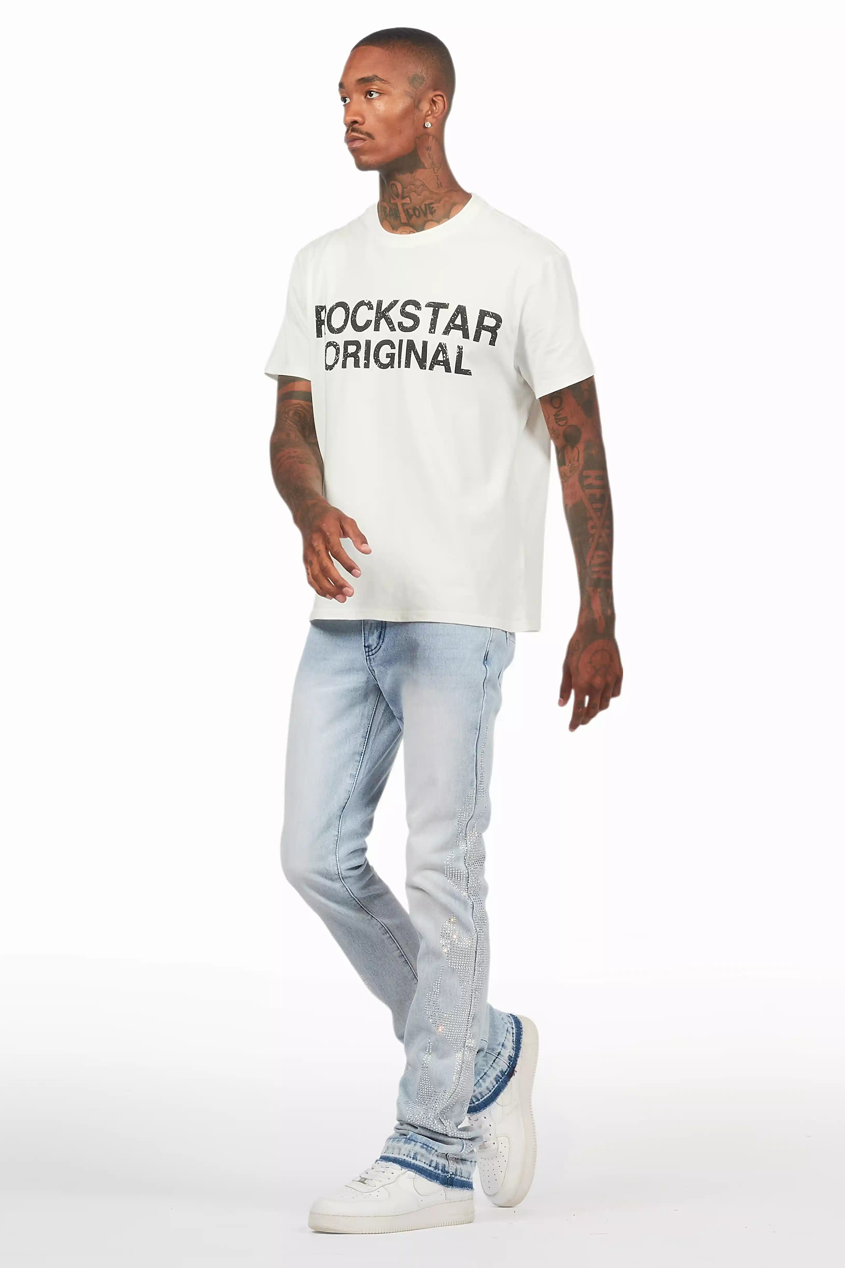 Jian Light Blue Rhinestone Stacked Flare Jean