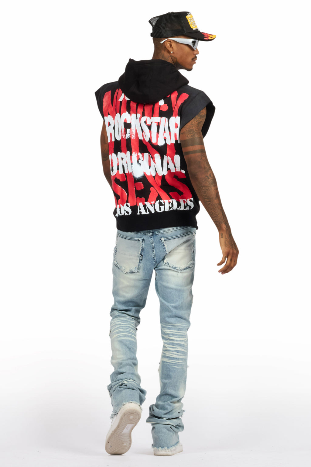 Paton Black/Red Distressed Graphic Cut Sleeve Hoodie