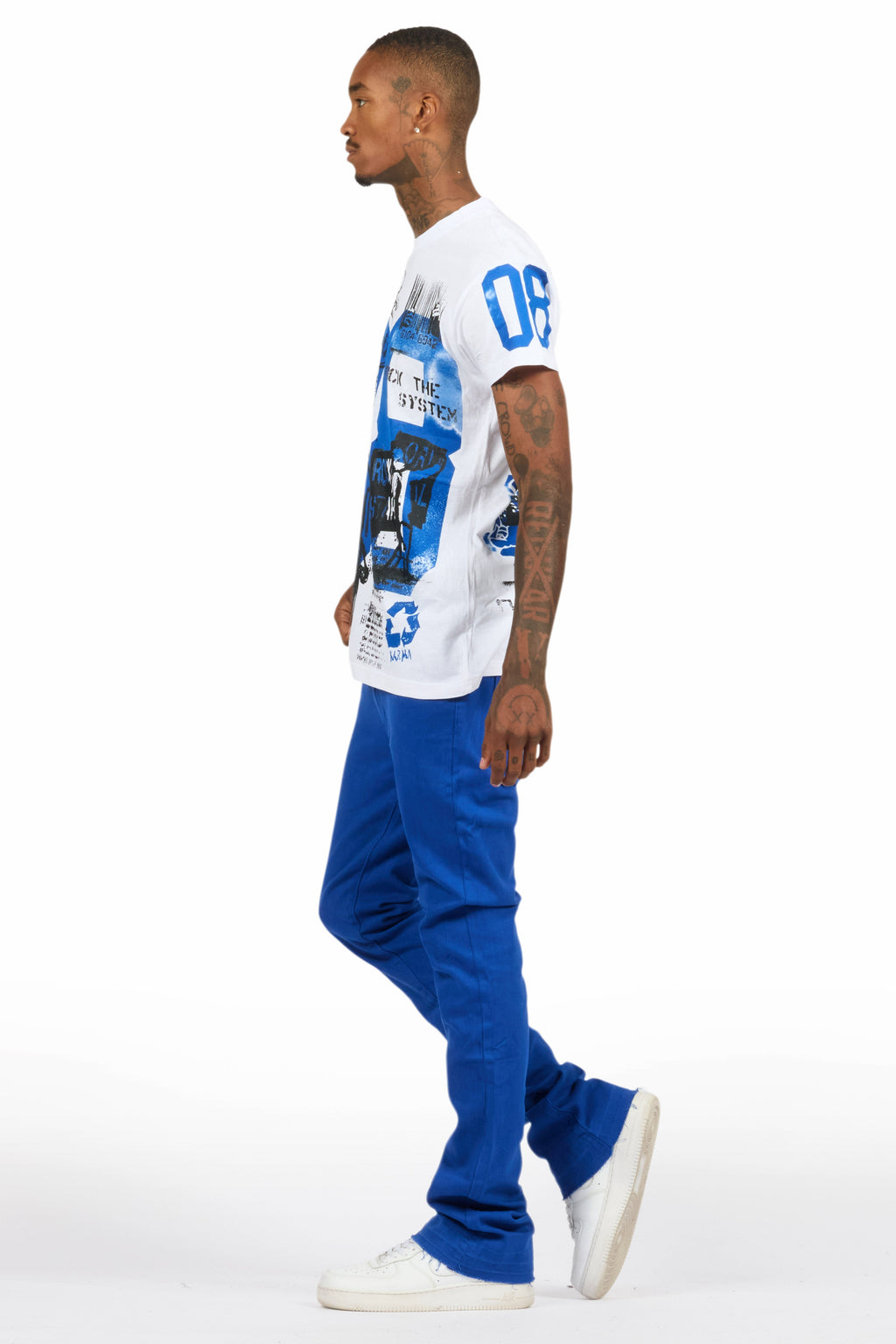 Grill White/Royal Blue Oversized Graphic T-Shirt/Dag Stacked Flare Jean Set